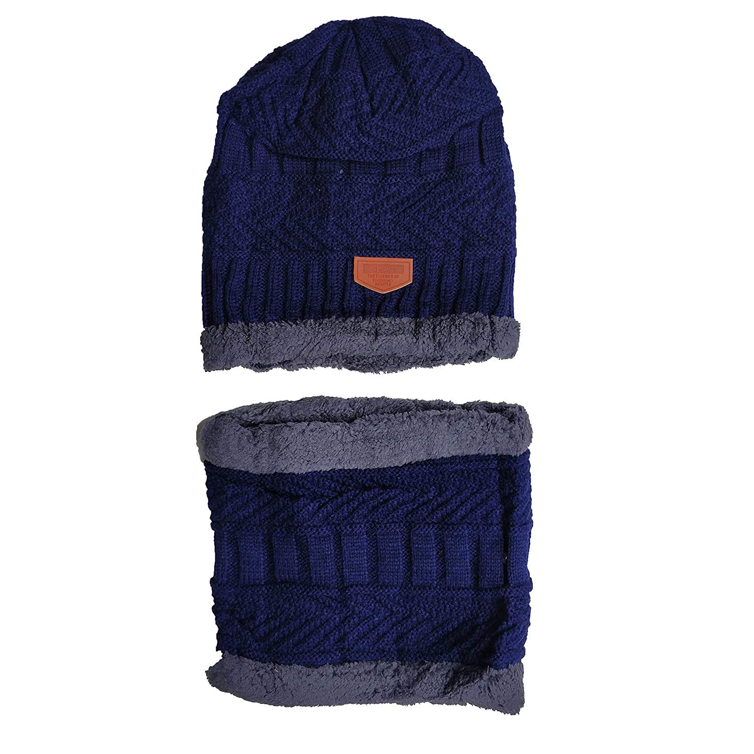 zeki 2 Pieces Neck Scarf Set Warm Knitted Fur Lined Winter Beanie Cap for Men and Women (Navy Blue)-picture-38