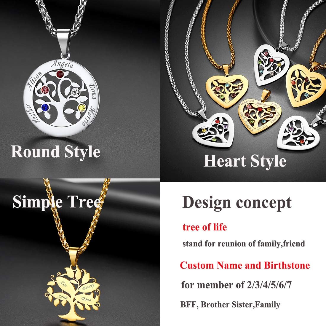 U7 Heart/Round Tree of Life Necklace, Customized Birthstone Jewelry for Women Men,Custom Name Family Branch Tree Pendant Personalized Mother Necklaces with 2-7 Names and Birthstones