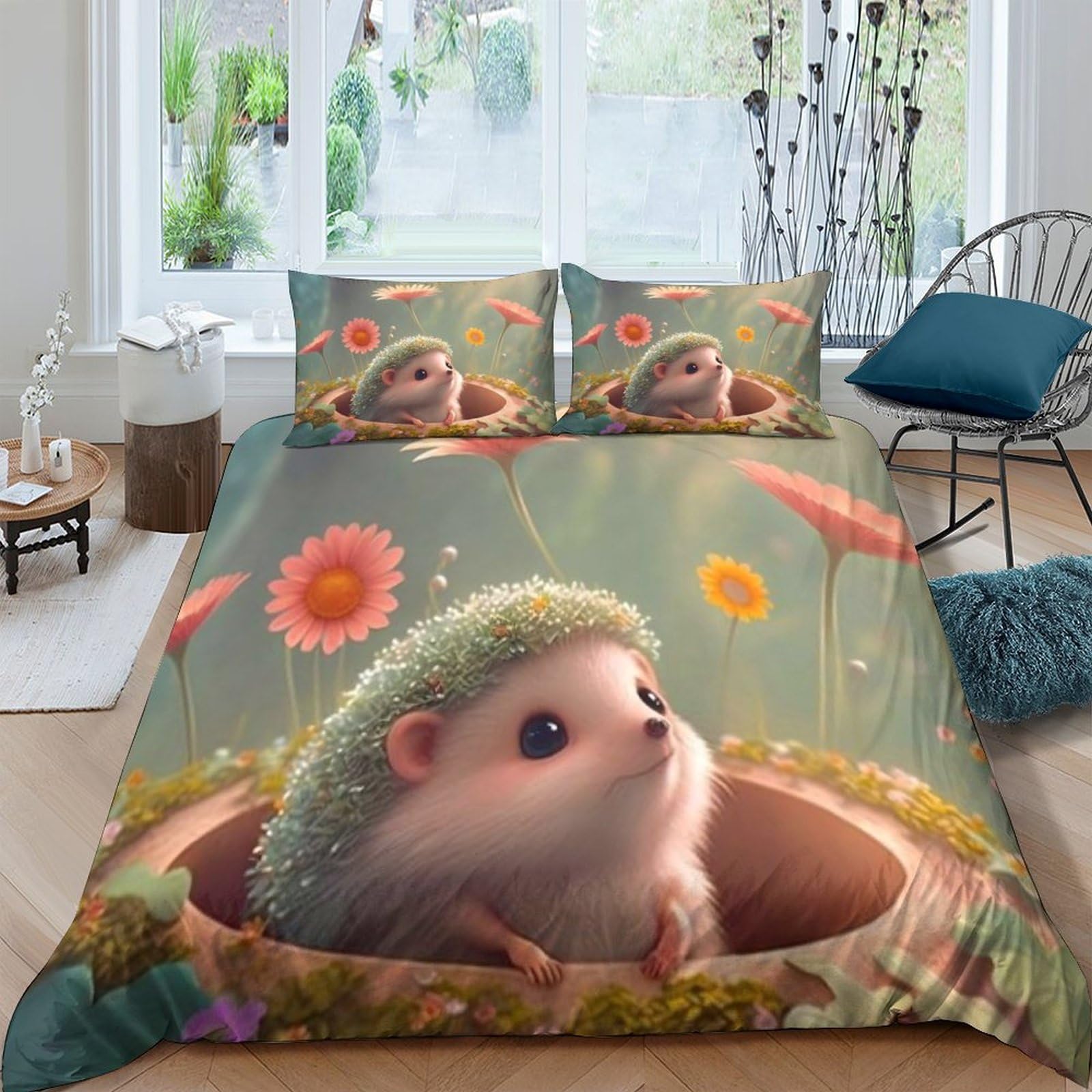 Ctjqhvkz Style-2 3D Printed Hedgehog Meadow Fitted Sheet Microfiber Floral Bed Cover Non Slip Machine Washable For Bedroom Decor Single（135X200cm）
