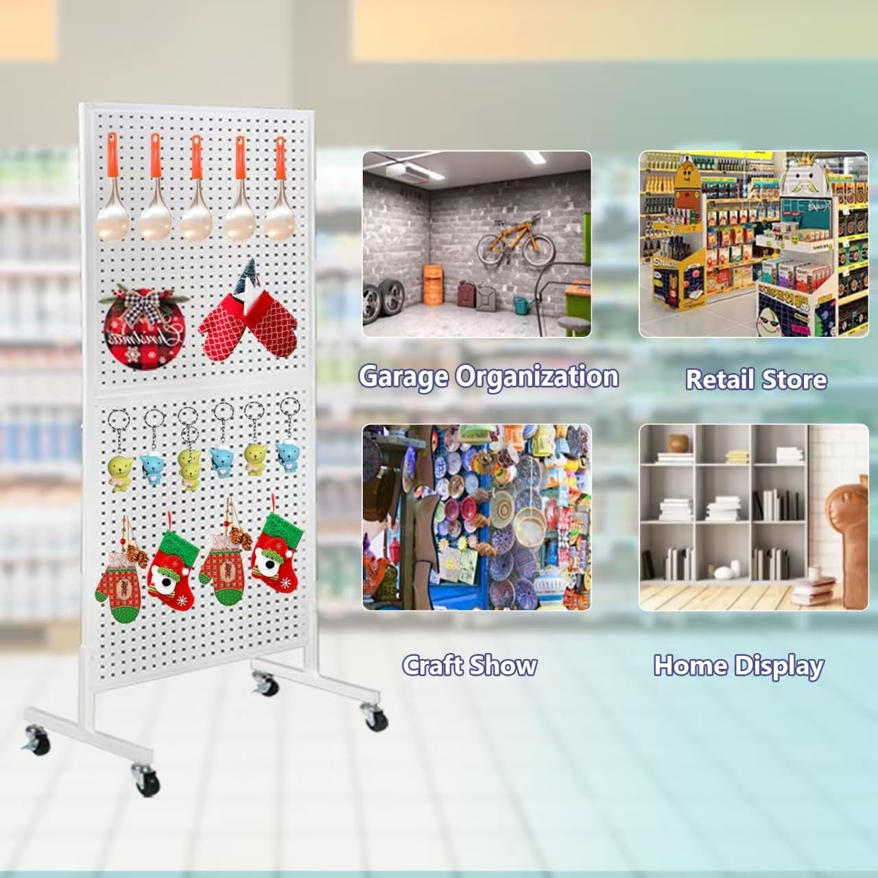 2'x 5' Standing Pegboard Display with T-Base, Pegboard Display Stand with Wheels, Metal Peg Board Display Rack, Art Display Stand, Extra 10 Pieces Hooks - White