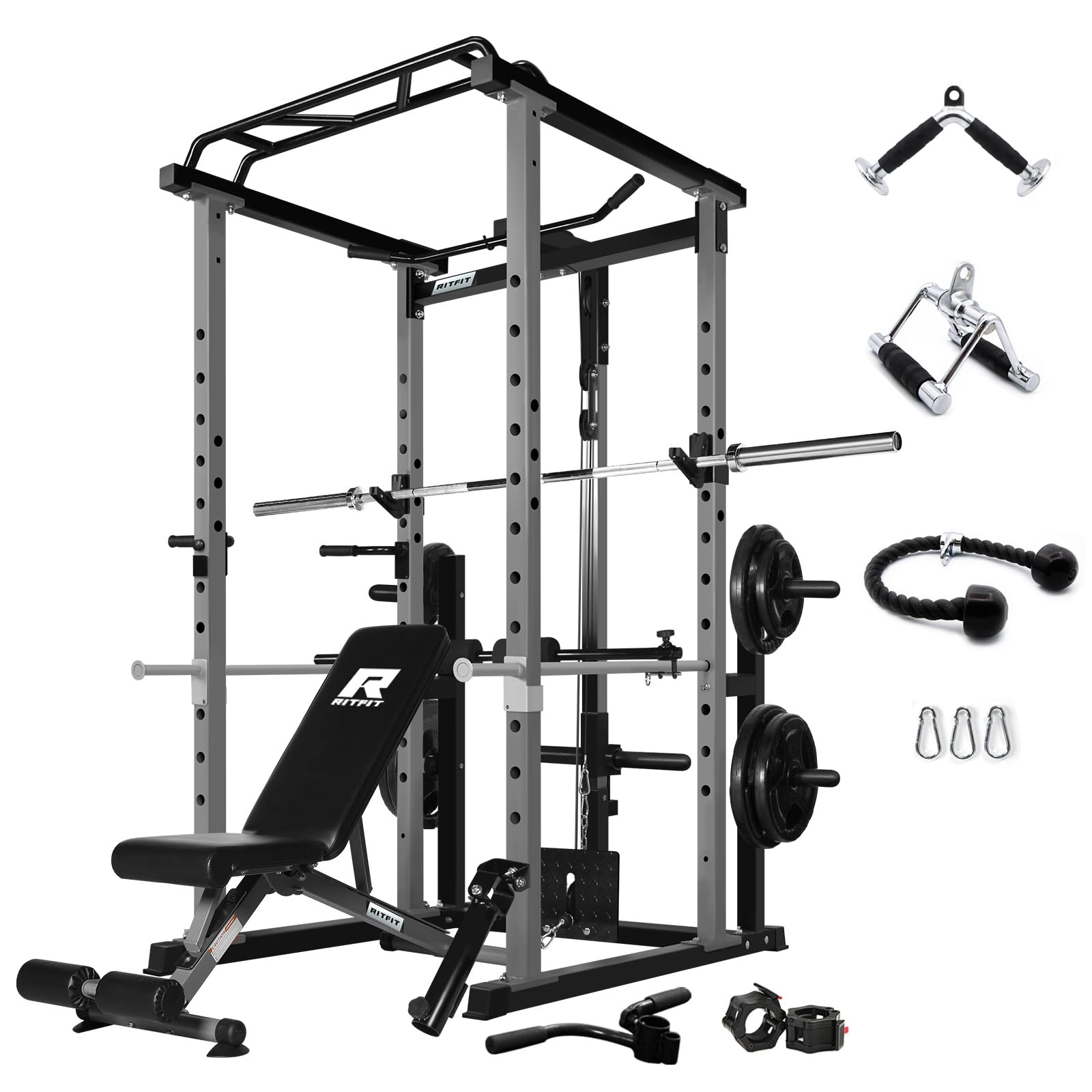 RitFit Power Cage with Optional LAT PullDown/Cable Crossover/Smith Machine System, 1000LB Squat Rack for Home & Garage Gym, with Weight Storage Rack and More Training Attachments, ASTM-Certified