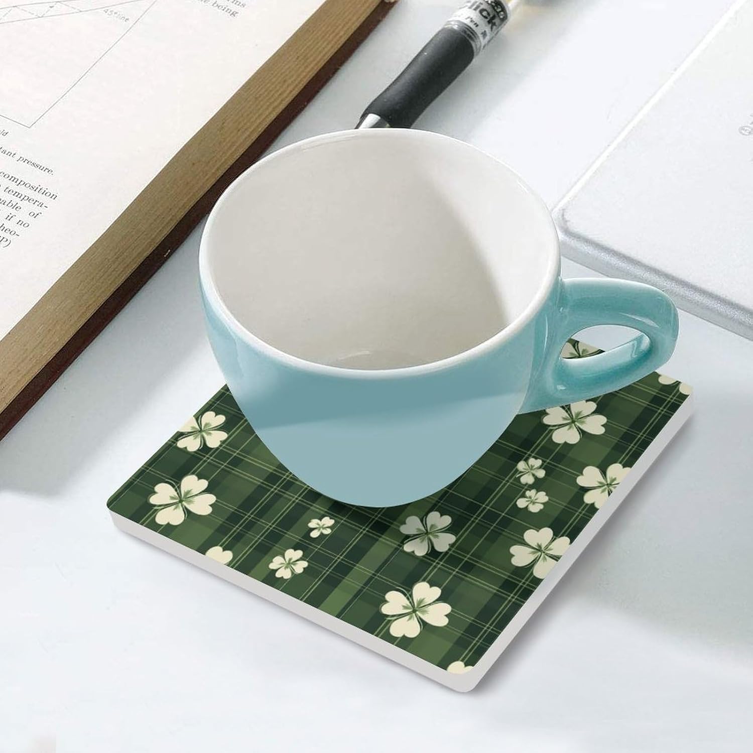 Green Plaid Checkered Shamrocks Funny Ceramic Coasters for Drinks Absorbent Cup Holder Tabletop Protector with Cork Base