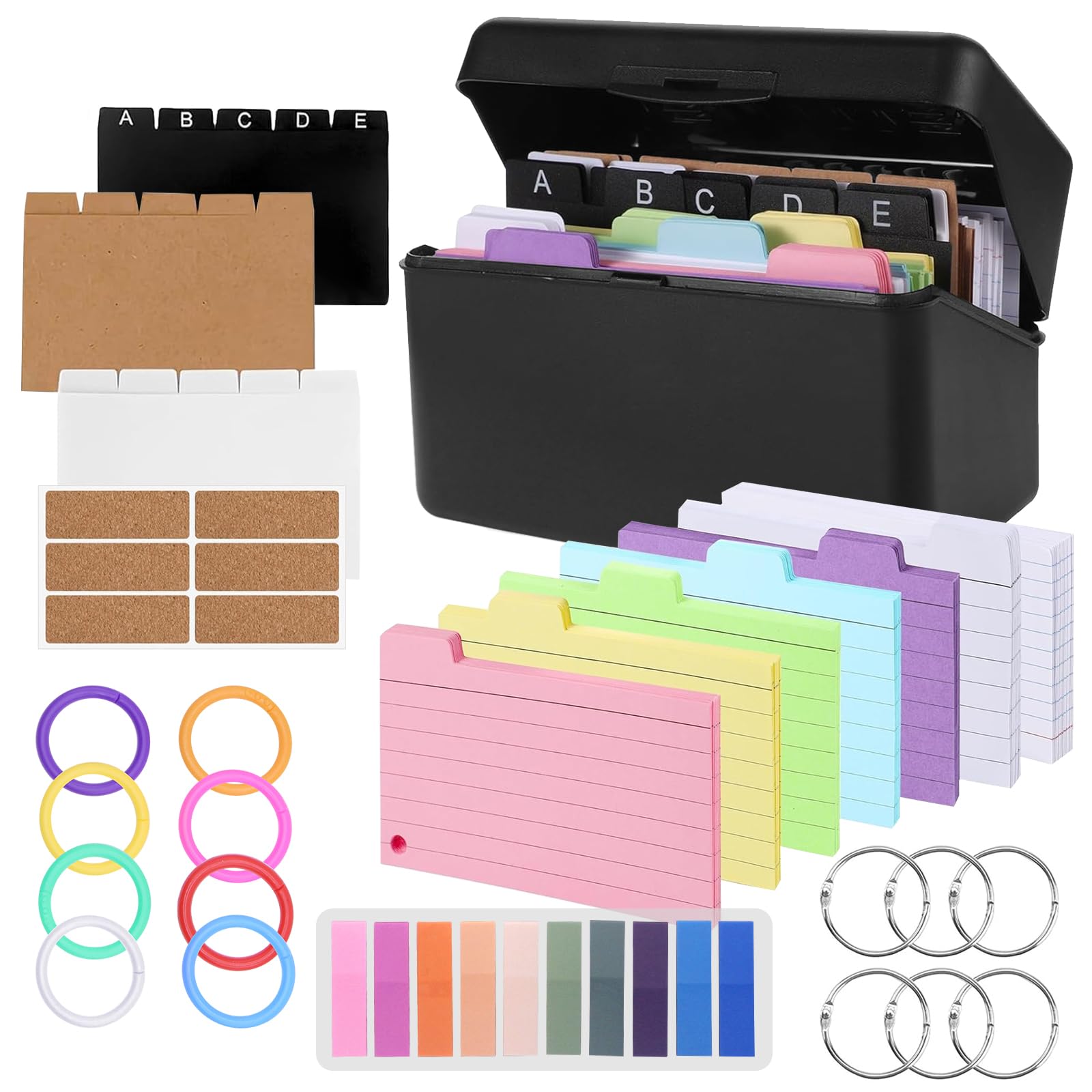 Kit de Boîtes à Fiches avec Étui Noir pour Cartes de Révision, 230 Fiches Adhésives, 15 Fiches Bristol, 15 Anneaux de Classeur