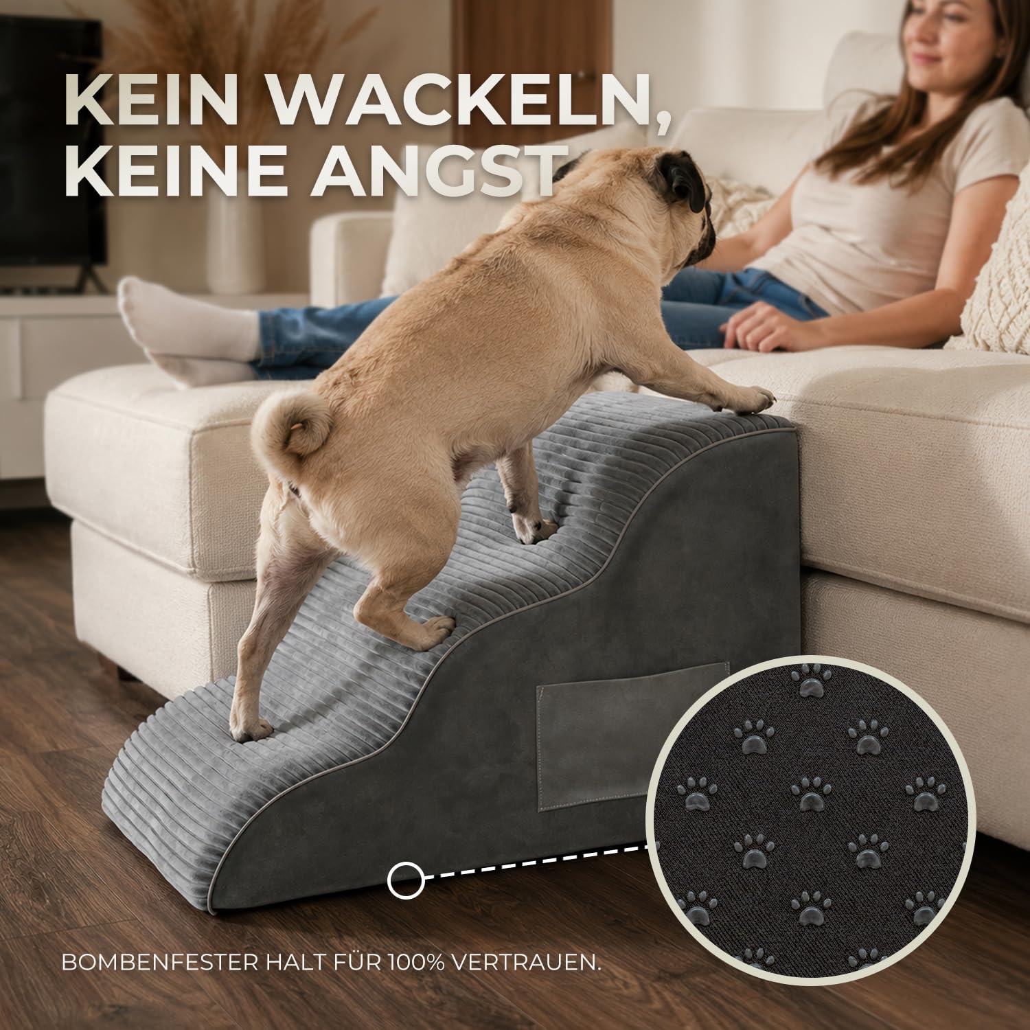 BEST JAJA Hundetreppe 3 Stufen mit Kanteneinfassung – formstabil und rutschfest, 40 cm hoch für Bett und Sofa, mit Seitentasche und Tragegriff – für kleine Hunde, Dackel und Katzen(Grau)