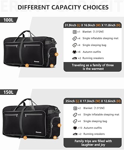 Miniatura 7 de Gonex Bolsa de viaje plegable grande de 40 L, 60 L, 80 L, 100 L, 150 L, con compartimento para zapatos, plegable, ligera, repelente al agua, bolsa