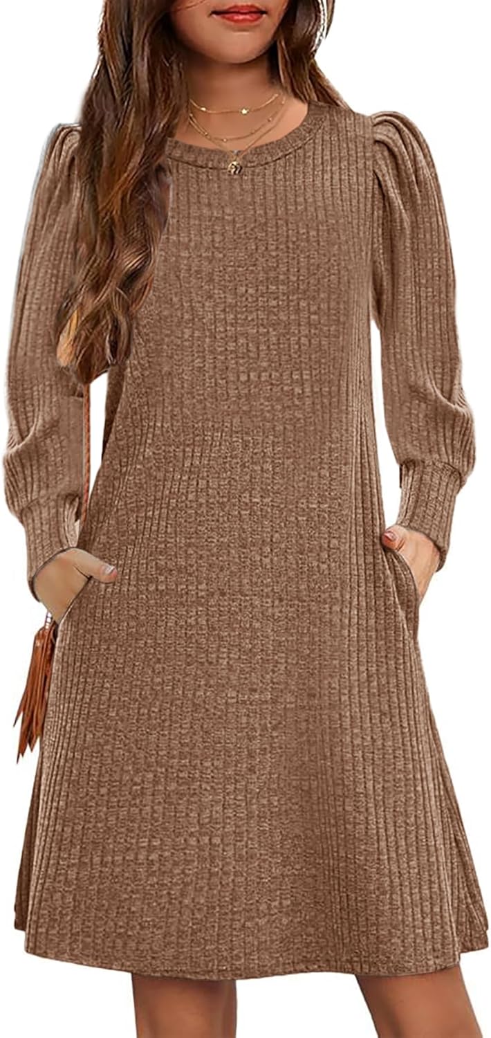 YOVION Girls Fall Knit Dress Crew Neck Puff Long Sleeve Casual Tunic Dresses with Pockets 6-12 Y