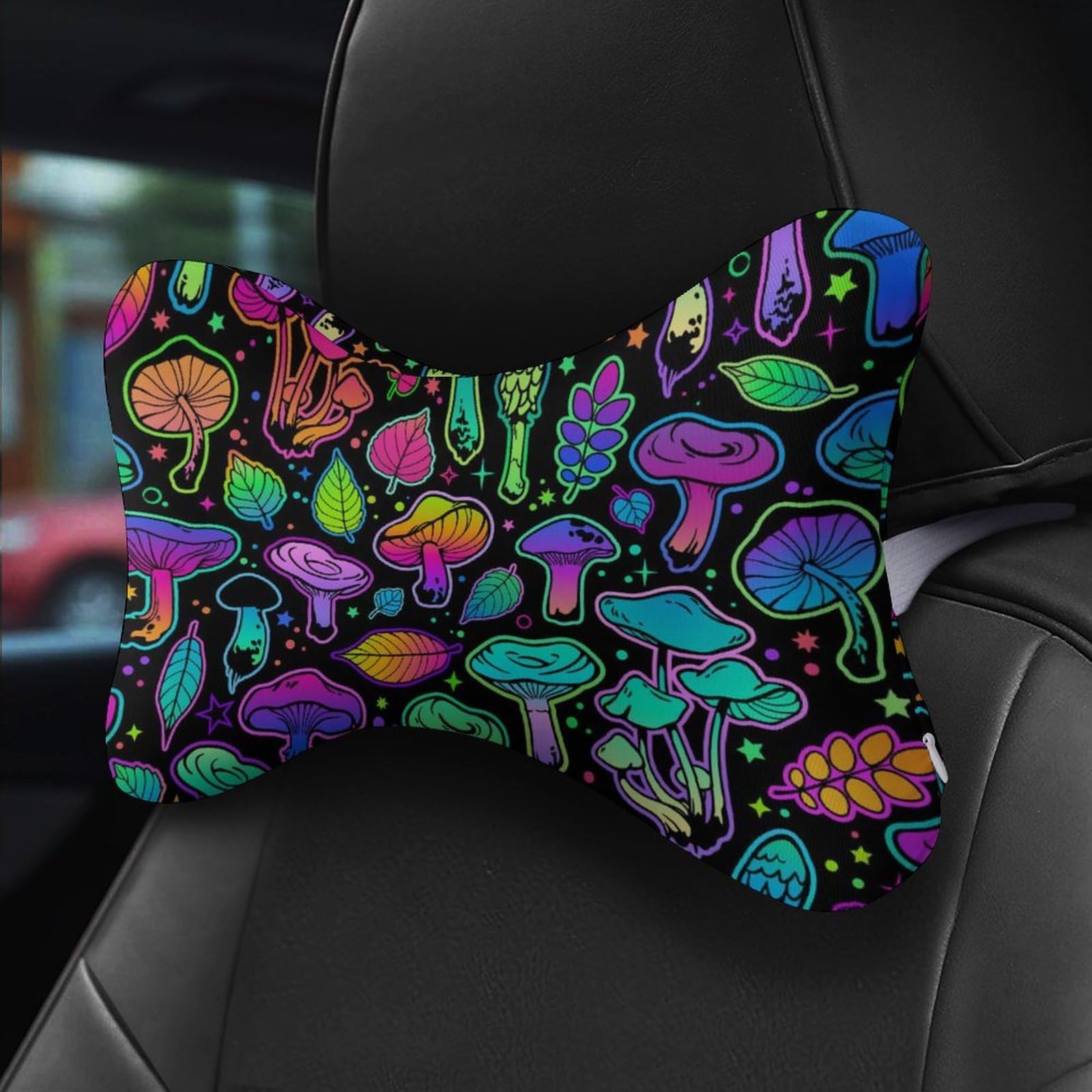 SMAZDFXX Colorful Neon Mushrooms Car Neck Pillow Set of 2 Car Seat Head Support Cushion Bone Pillows with Elastic Strap