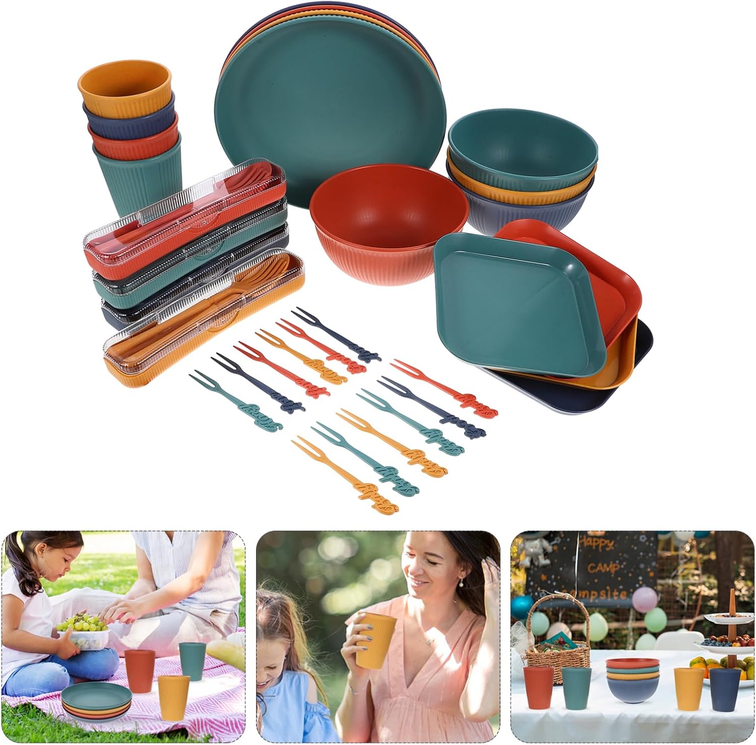 MAGICLULU Wheat Straw Dinnerware Set Portable 16-Piece Tableware Kit for Home and Outdoor Use Includes Bowls Plates Cups Cutlery Lightweight Dishwasher Safe for Camping and Picnics