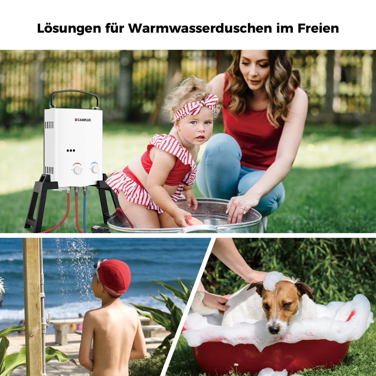 CAMPLUX AY132Max-DE 5 Litre Gas Water Heater with Support & Water Pump, LPG, 50 mbar, for Camping Shower/Motorhome Trip, with Carry Bag