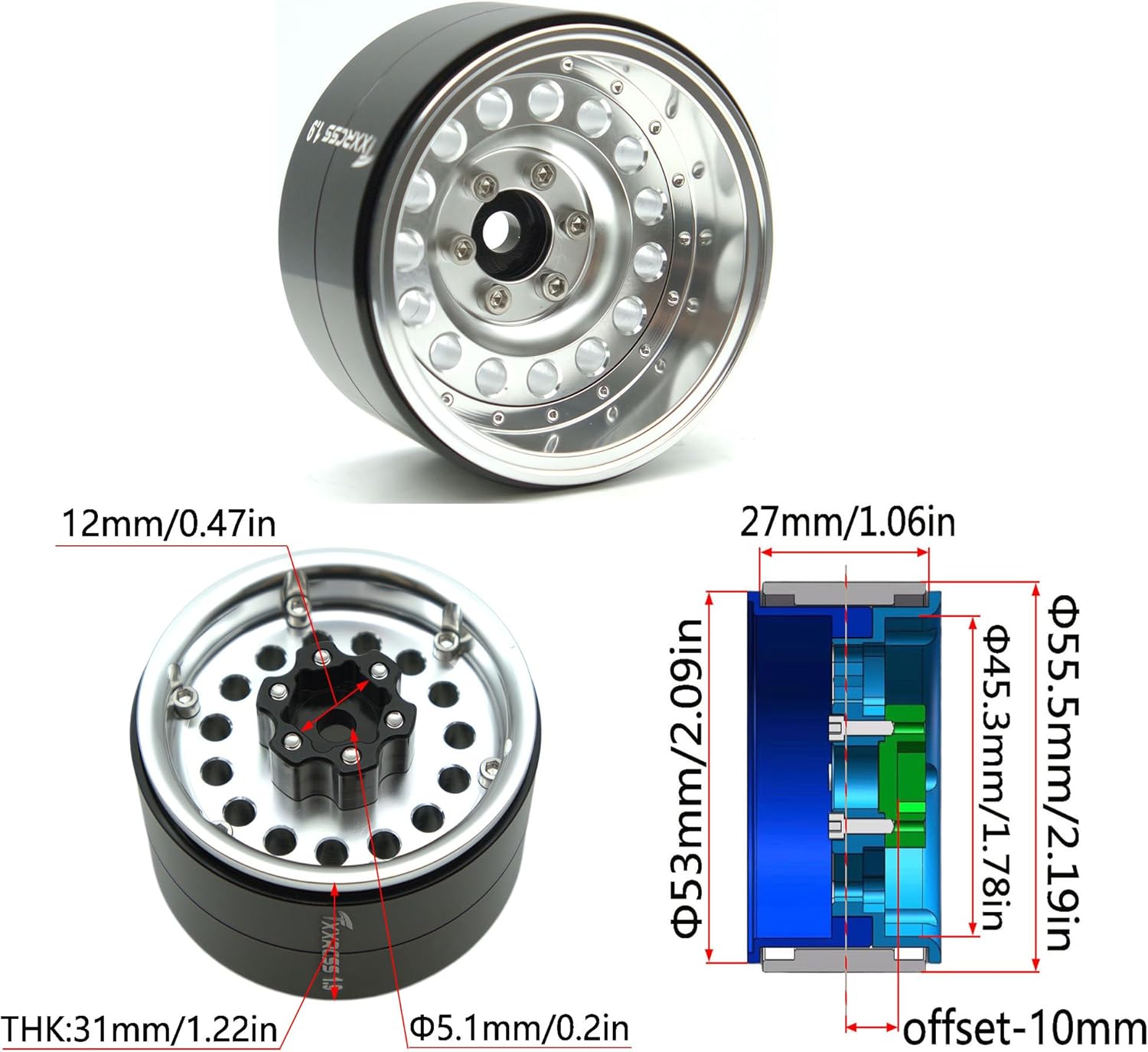 RC 1.9 Inch Beadlock Wheels Negative Offsets 10mm Rims Hex 12mm Aluminum Wheel for TRX4 TRX6 SCX10 Gen8 1/10 RC Crawler Remote Control Car Upgrades Accessories 4pcs (Silver) YK1906