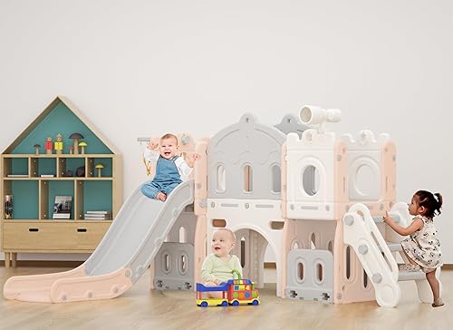 Miniatura 1 de XJD Juego de tobogán 7 en 1, tobogán para niños pequeños a partir de 1 años, juego de tobogán para niños pequeños con aro de baloncesto y pelota,