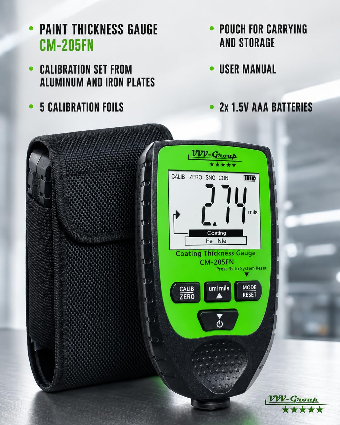 Paint Thickness Gauge CM-205FN for Cars Digital Coating Thickness Meter Auto FeNFe Detection 0.1 m Resolution 01500 m 059.1 mils 3%2 m Accuracy Backlit LCD product thumbnail 7