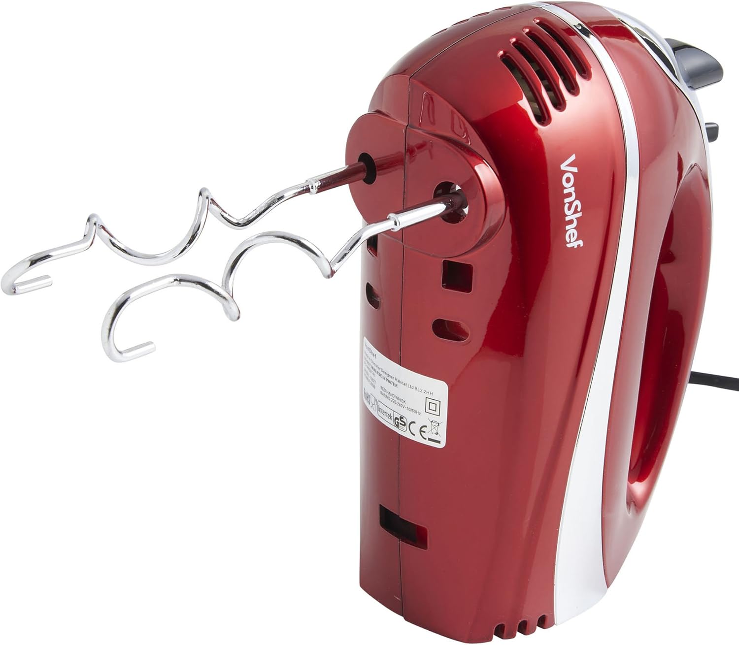 זייַט view of the VonShef Hand Mixer with dough hooks attached.