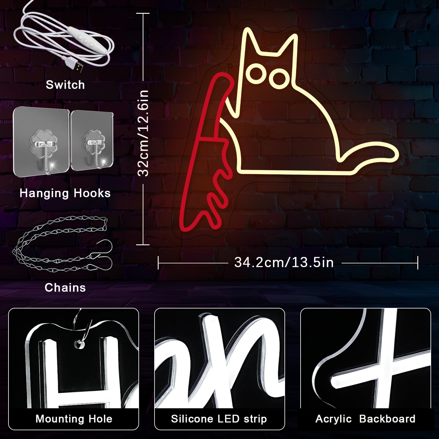 Katze mit Messer Neon Schild für Wanddekoration Lustige Katze Neon Licht Cat Neon Licht LED Katze für Nette Katze Home Wand Dekor Kid Room Schlafzimmer Haustier Shop