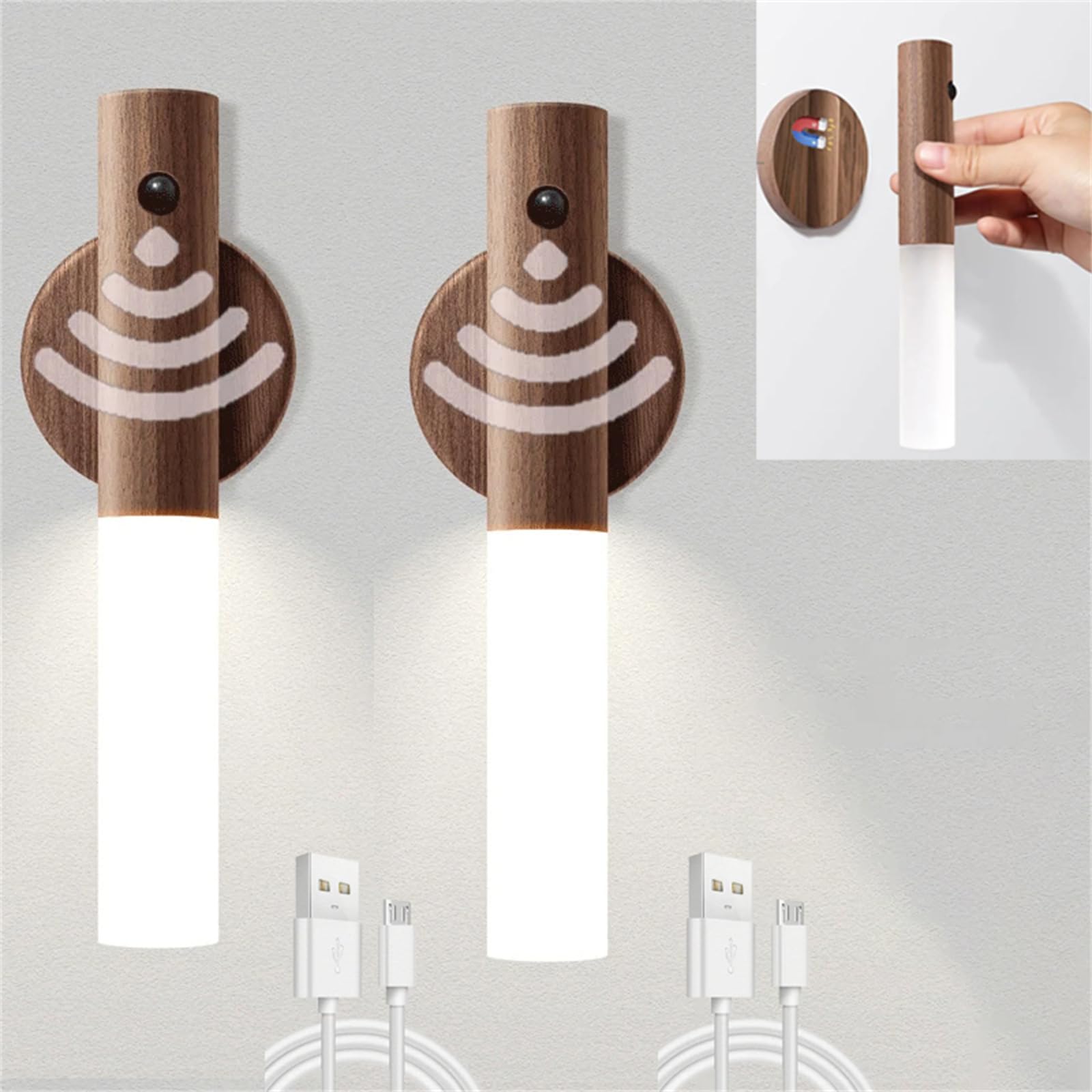 Wewnętrzna lampka nocna LED z czujnikiem ruchu, drewniana lampa ścienna, magnetyczna, ładowana przez USB, bezprzewodowa bateria, kinkiety z przełącznikiem, sypialnia, klatka schodowa, pokój dziecięcy,