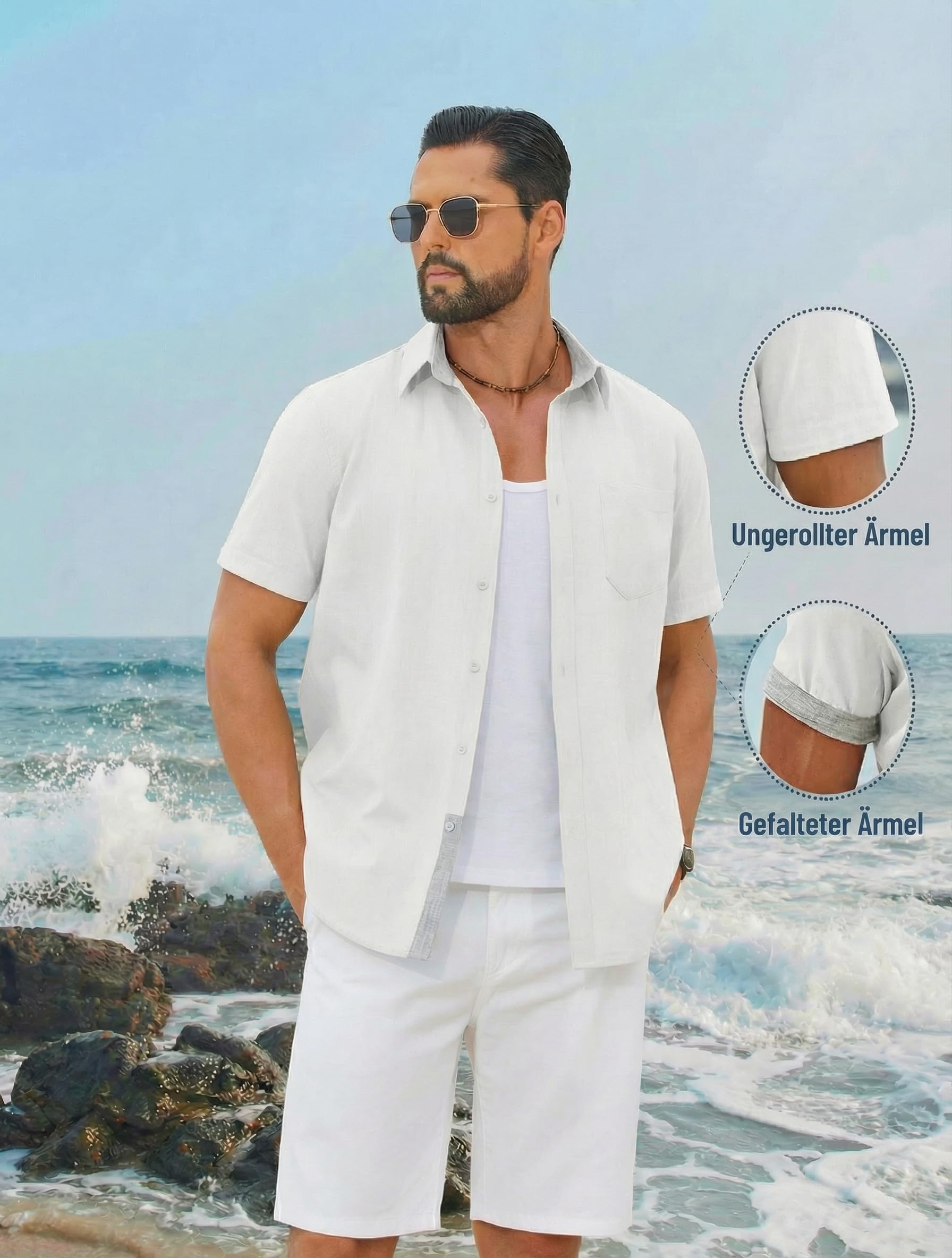 COOFANDY Chemise Homme Manches Courtes en Coton Décontractée d’Été pour Plage avec Pochette Poitrine