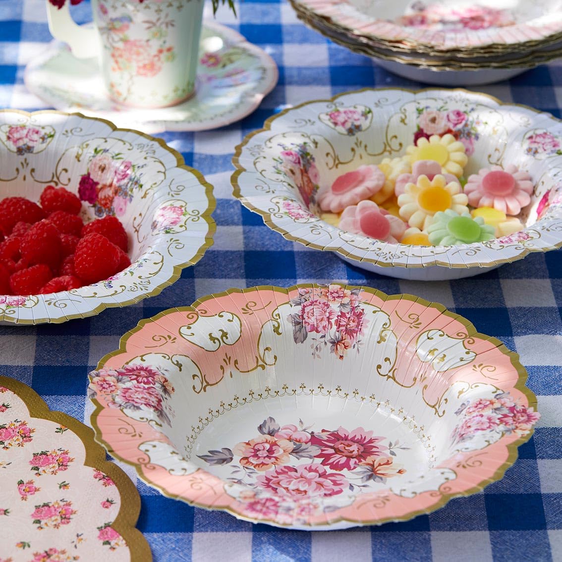 Talking Tables Pack of 12(20cm) Truly Scrumptious Vintage Floral Paper Bowls|Perfect for an Afternoon Tea Party|Serve up strawberries and cream in style|Girls Birthday, Baby Shower, Pink and Blue