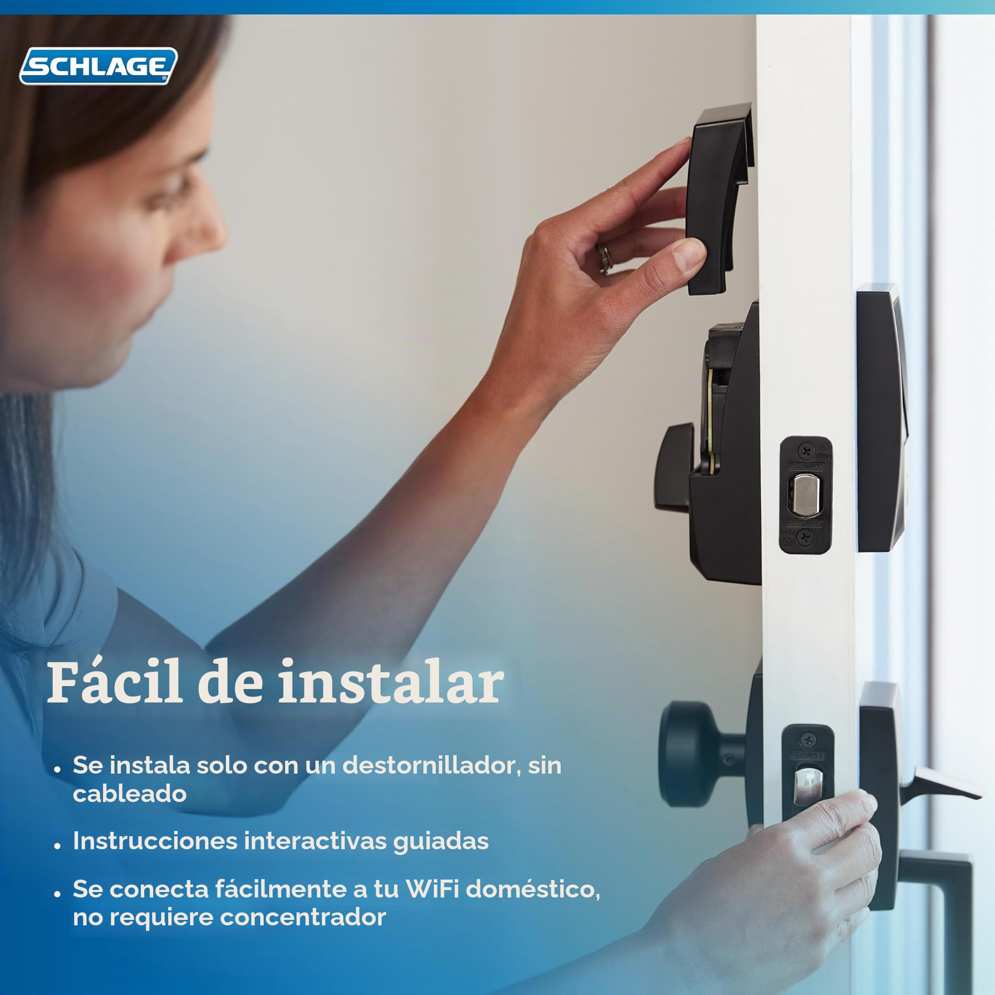 Schlage BE499WB CEN 619 Encode Plus Cerradura inteligente WiFi de pestillo, cerradura de puerta sin llave con pantalla táctil y acabado Century, níquel satinado