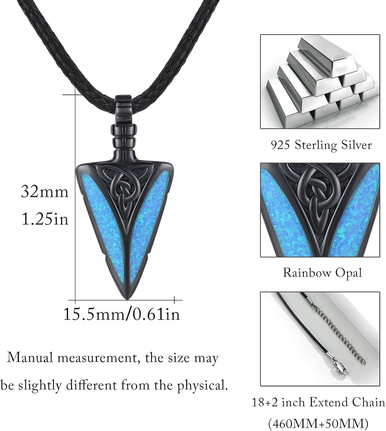 Arrowhead Necklace 925 Sterling Silver for Women Men Pendant with Blue Opal/Abalone Shell/Turquoise Black Gold Plating Protective Symbol Jewelry Adjustable Chain Gift for Him Her - Image 6