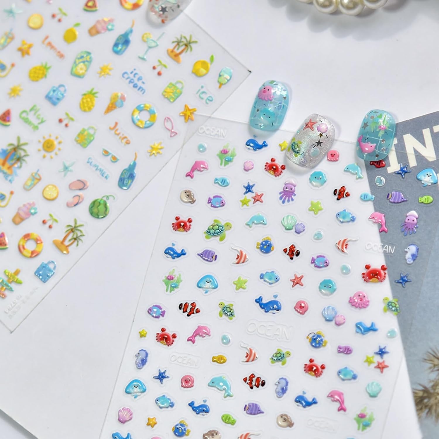 2 Sheets Summer Ocean Nail Stickers Beach Starfish Dolphin Nail Art Stickers 5D Self Adhesive with Design Cute Tropical Nails Decals for Women Manicure Decoration Accessories