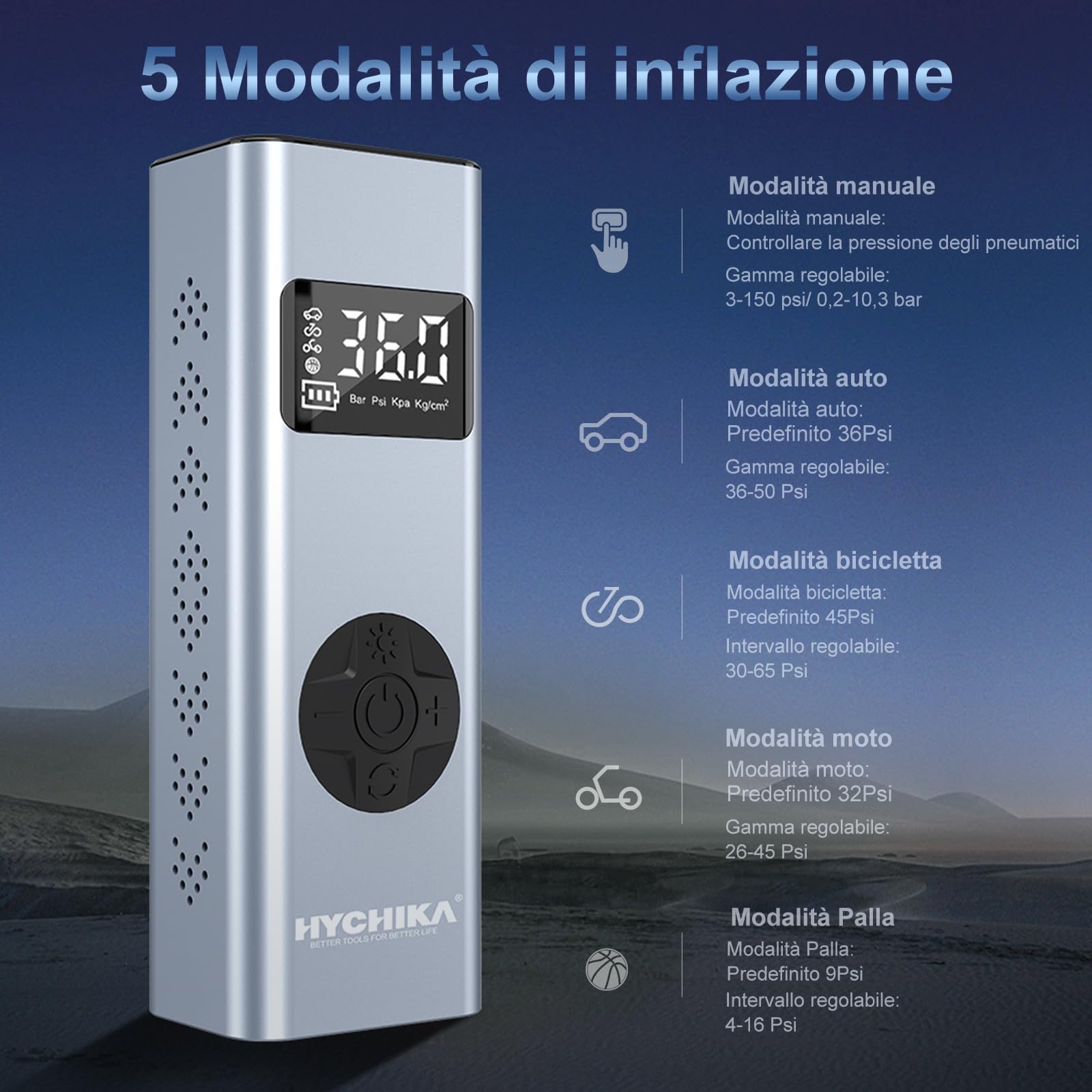 HYCHIKA Compressore Aria Portatile 12V, 6000mAh 150PSI Mini Compressore Portatile, Gonfiatore Gomme Auto con Schermo LCD Digitale, Pompa per Bicicletta, Auto, Moto, Monopattino, Palloni