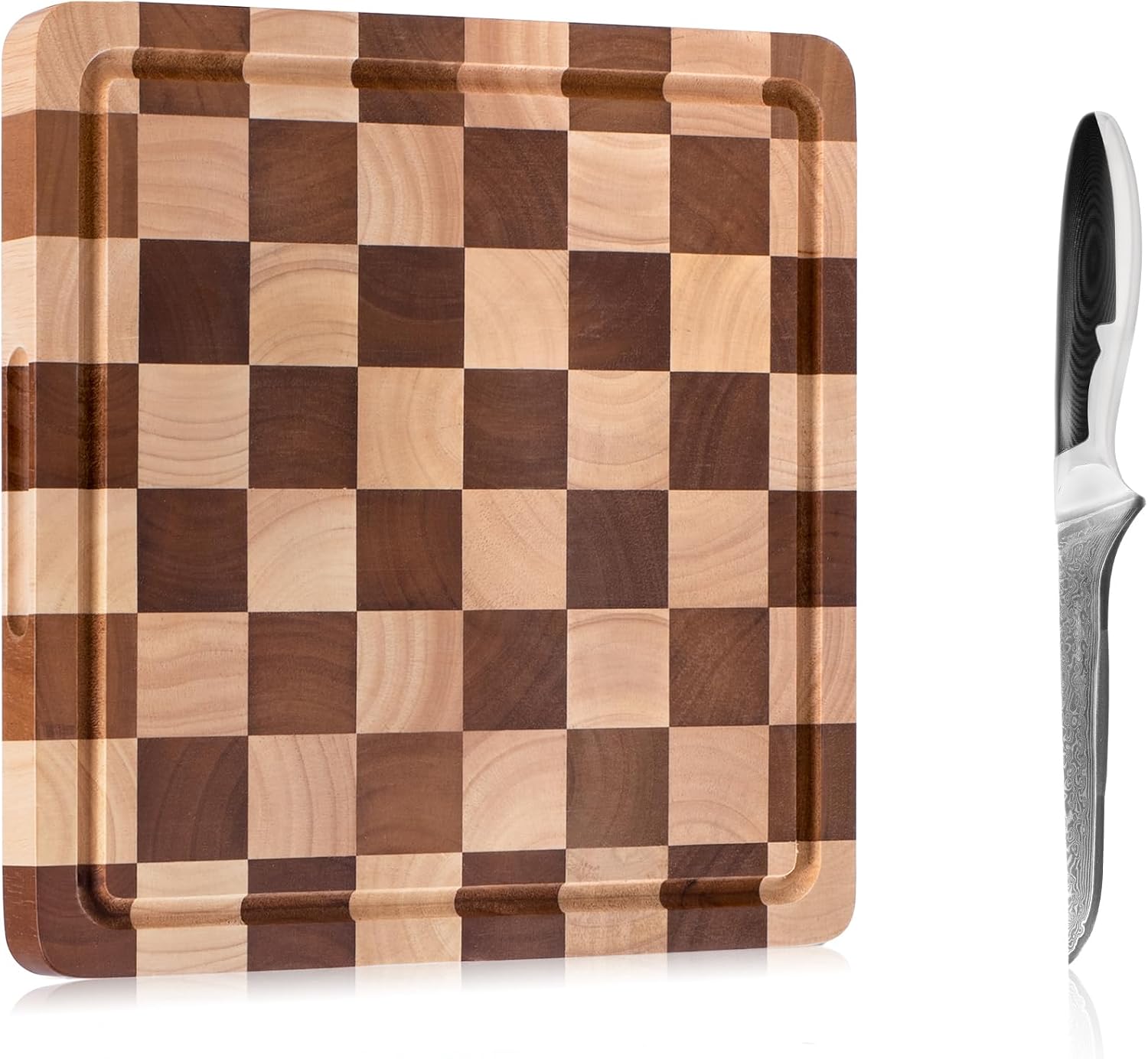 12 x 12" Checkerboard Wood Cutting Board & 6" VG-10 Damascus Boning Knife Set – Wood Board for Meat, Fish, and Vegetables
