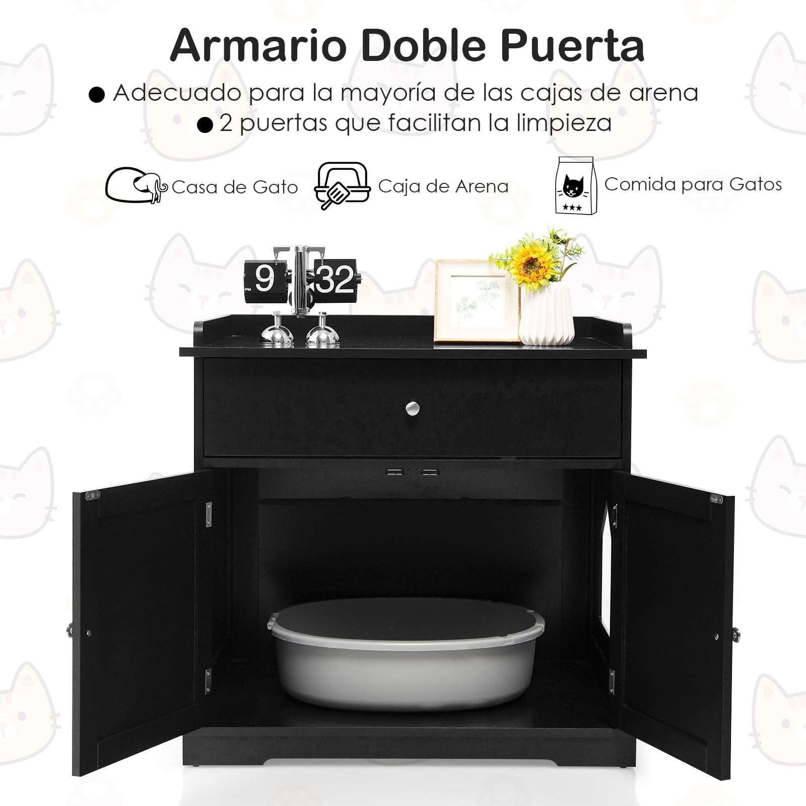 GOPLUS 3 en 1 Mueble Arenero para Gatos, Caja de Arena para Gatos con Cajones, Aseo Cerrado para Gato con Puertas Dobles y Agujeros, Casa de Mascotas Interior, Mesa Auxiliar con Lavabo Oculto (Negro)