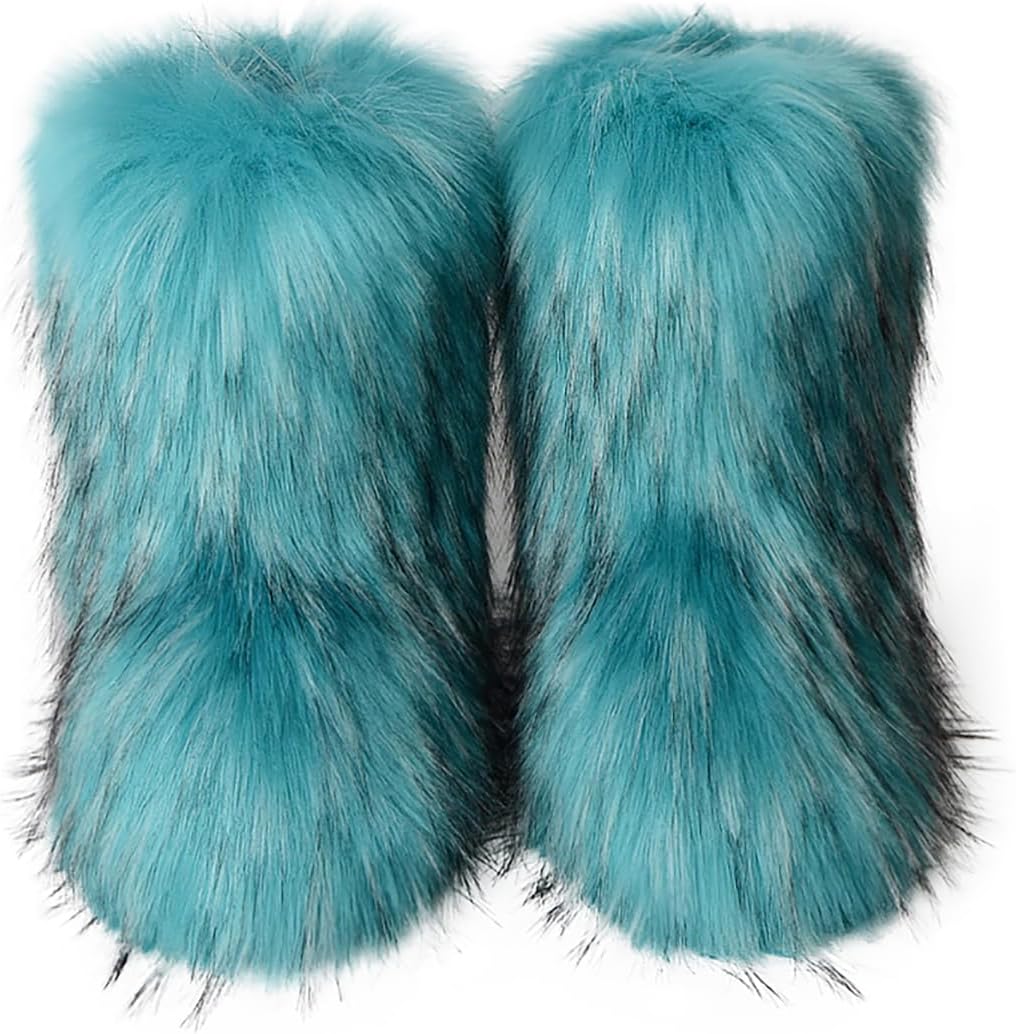 Eosxrp Furry Faux Fur Boots Women's Winter Shoes Woman Fluffy Warm Snow Boots Mid-Calf Comfortable Outdoor Flat