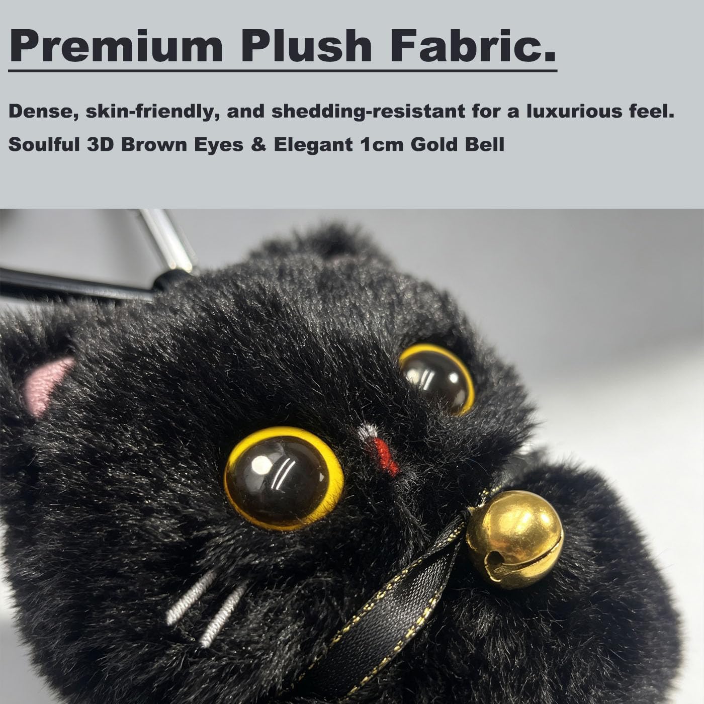 Black Cat Plush Keychain Bag Charm with 3D Brown Eyes & Gold Bell, Cute Kawaii Stuffed Animal Backpack Accessories with Black Heart Carabiner, Goth Purse Pendant Gifts for Cat Lovers Women (1 Pack) image 4