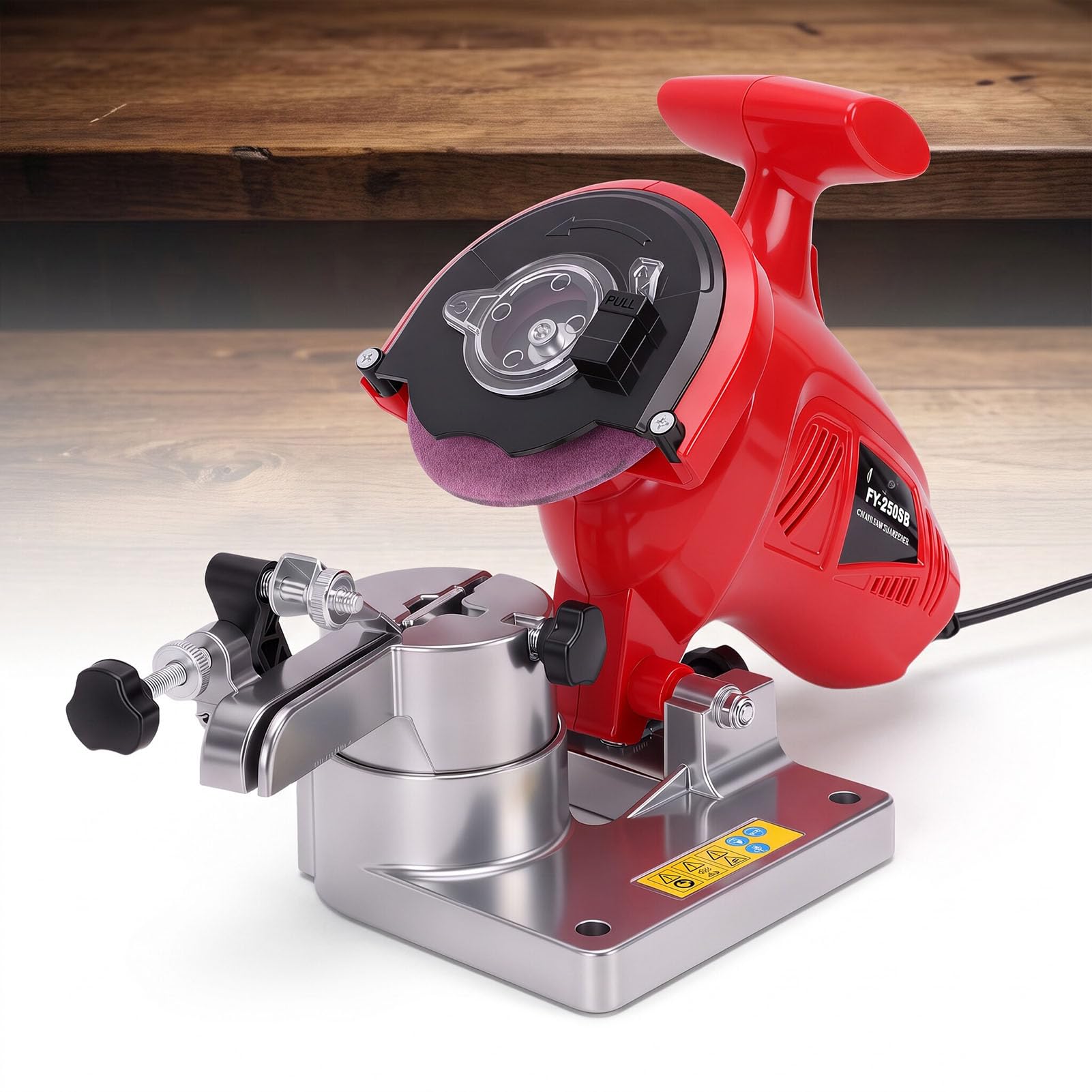 Fafeicy Amoladora de Motosierra 250W 8400RPM 3 Ruedas Ángulo Ajustable de 1/4 a 3/8 pulg., con Empuñadura Antideslizante y Protector contra Chispas (Enchufe de la UE) | Afilador de motosierra eléctrico Amoladora de motosierra de 250 W con 3 muelas abrasiv