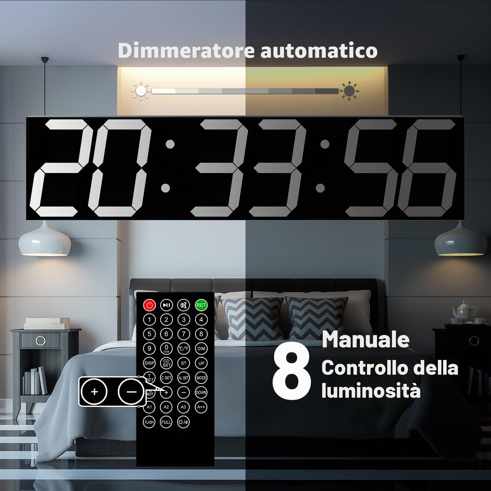 CHKOSDA Orologio digitale da parete, con dimmer automatico, con timer per conto alla rovescia con telecomando, display a LED largo 27.5in, 6 cifre, montaggio a parete, data e temperatura (bianco)