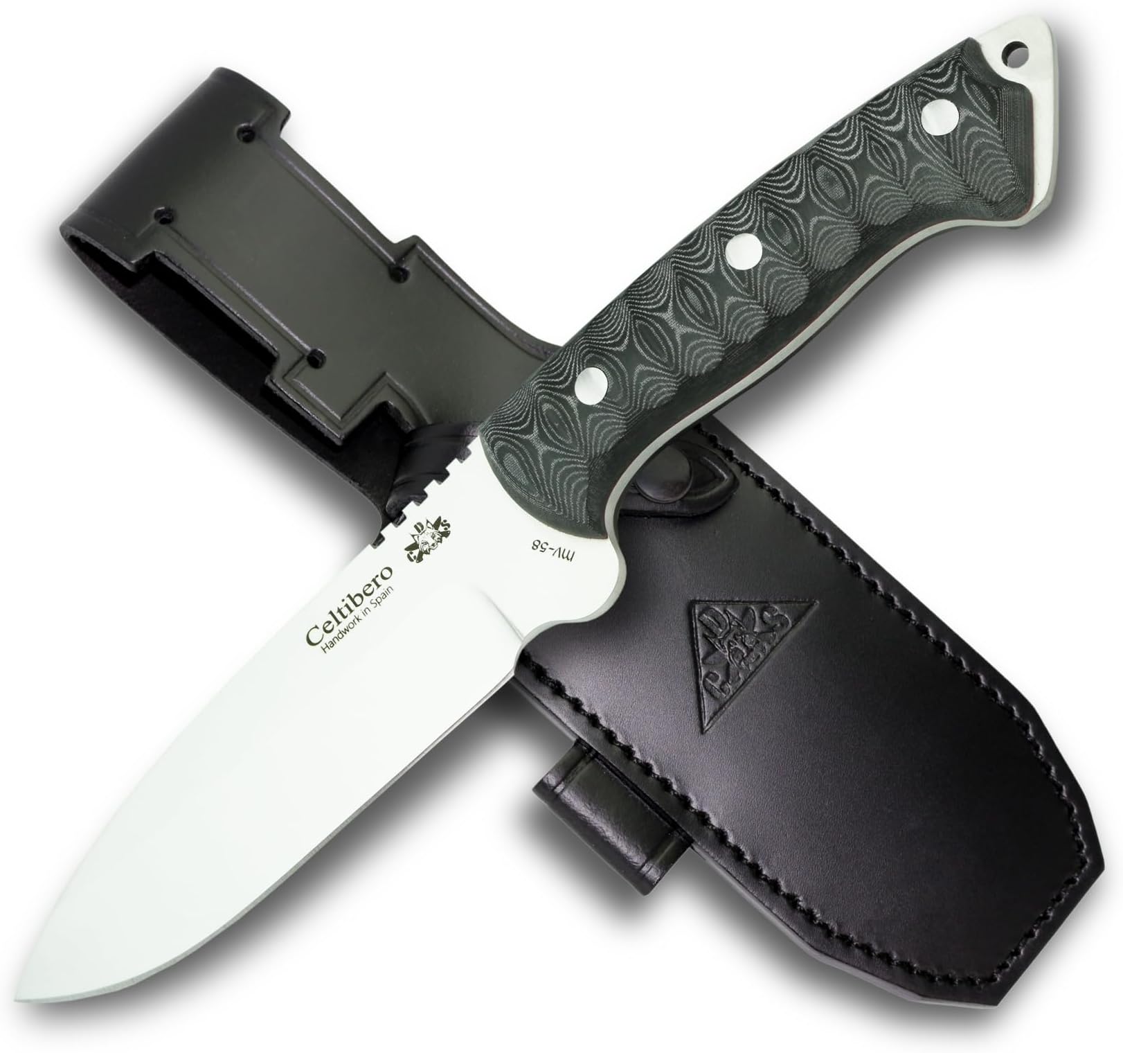 CELTIBERO - Premium Quality Outdoor/Survival/Hunting/Tactical Knife - Stainless Steel MOVA-58 with Genuine Leather Multi-positioned Sheath - Made in Spain.