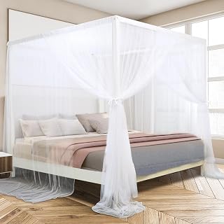 South to East White 4 Corner Post Bed Canopy Curtains - Queen/King Size Ripstop Polyester Drapes, Easy Install Mosquito Net for Luxe Bedroom Decor