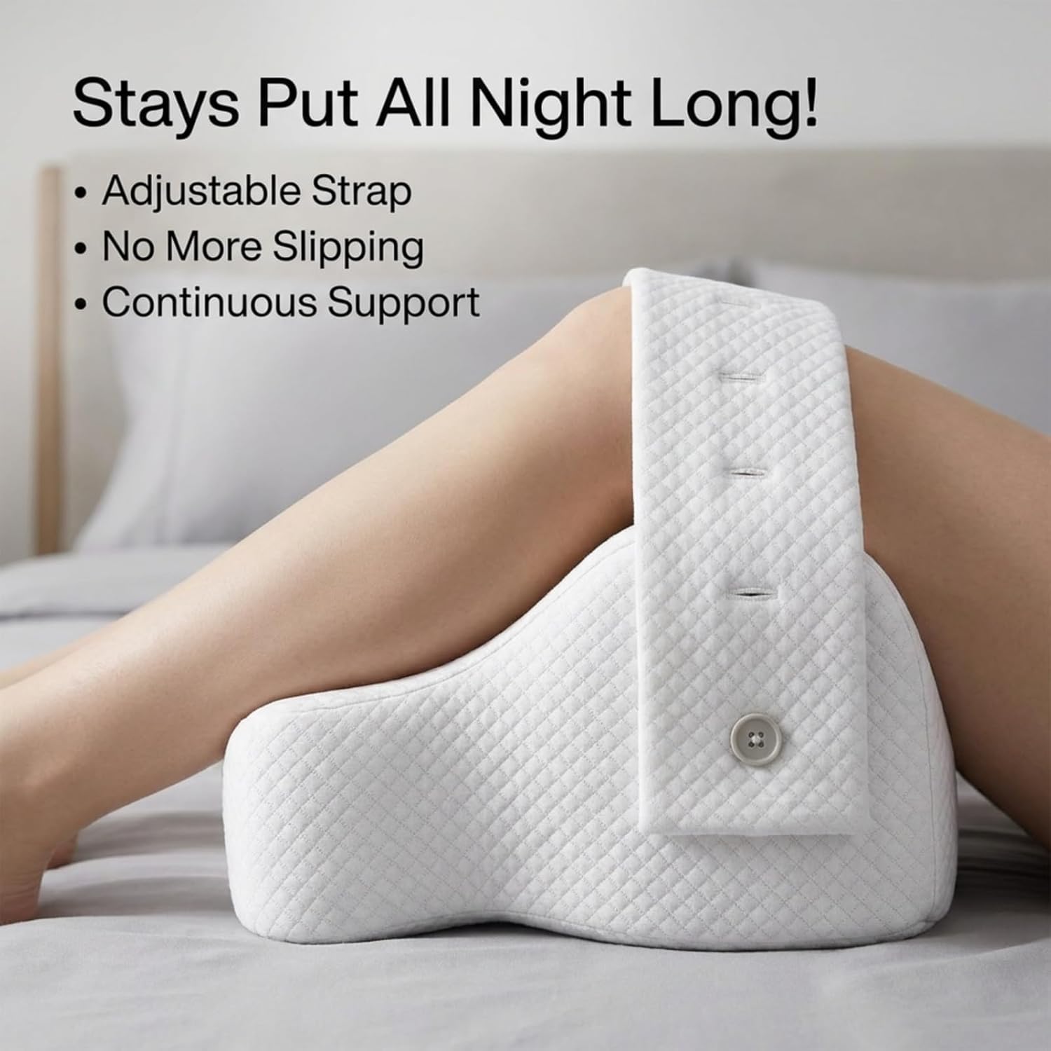 Knee Pillow for Side Sleepers with Adjustable Strap, Memory Foam Leg Pillow for Side Sleeping, Ergonomic Knee Wedge Pillow Between Legs for Hip, Knee & Joint Support, White