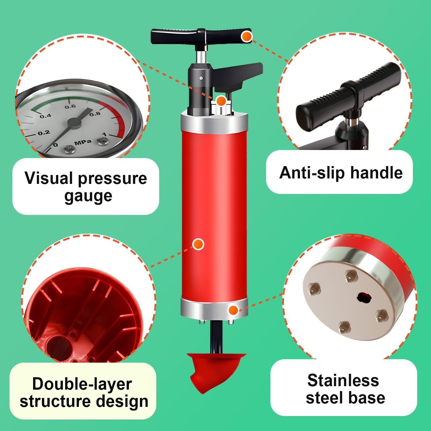 Desatascador WC Desatascador a Presion, Desatascador Tuberias a Presion con Barómetro, Bomba de Aire para Desatascos con 4 Ventosas, para Baño Cocina Inodoro Desagüe de Suelo