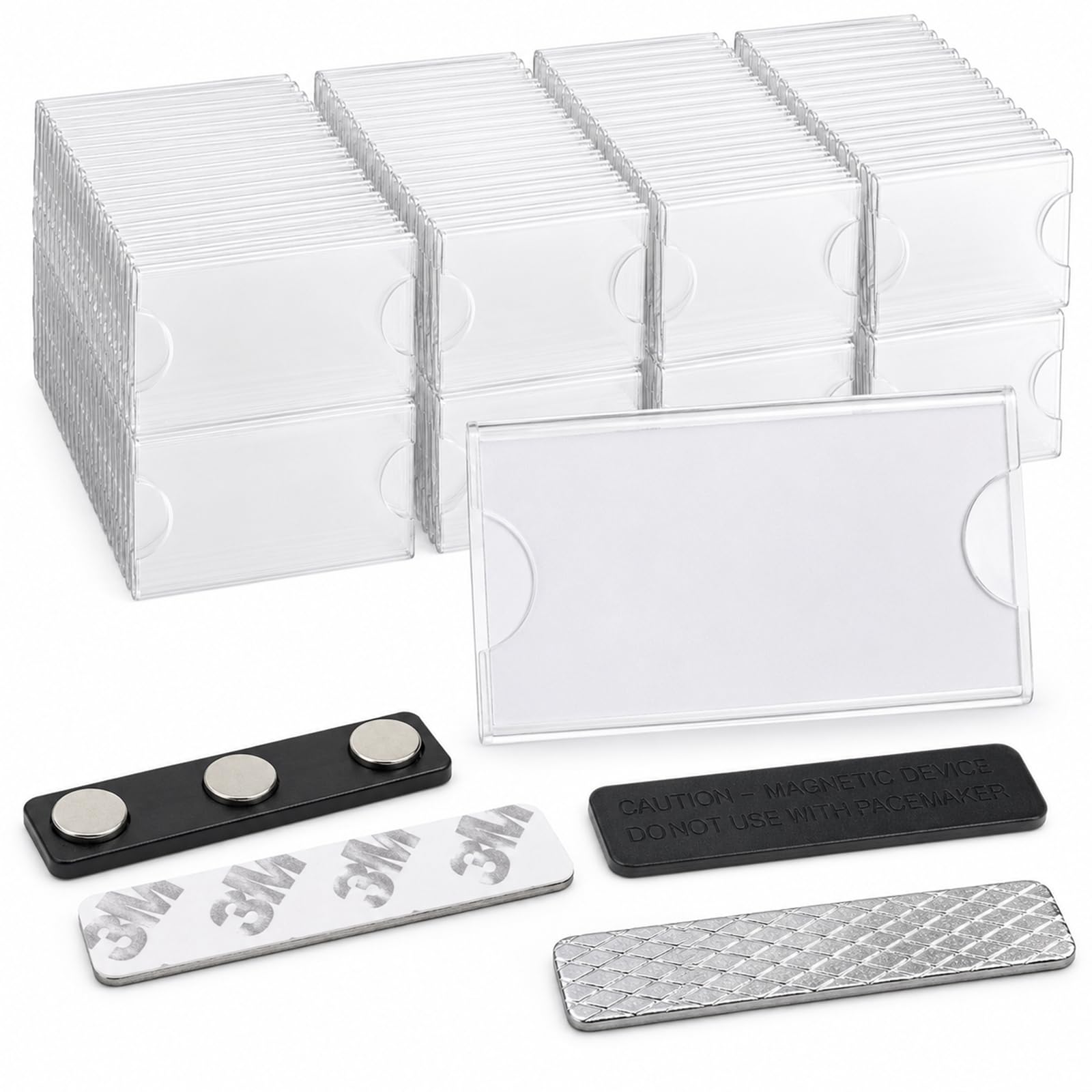 60 Pack Magnetic Name Badges Holder Kit, 3 x 1.2 Inch Reusable Clear Acrylic Name Tag Holders with 3-Magnet Backing, Blank Printable Paper Inserts and Adhesive Magnetic Plates for Office School Events