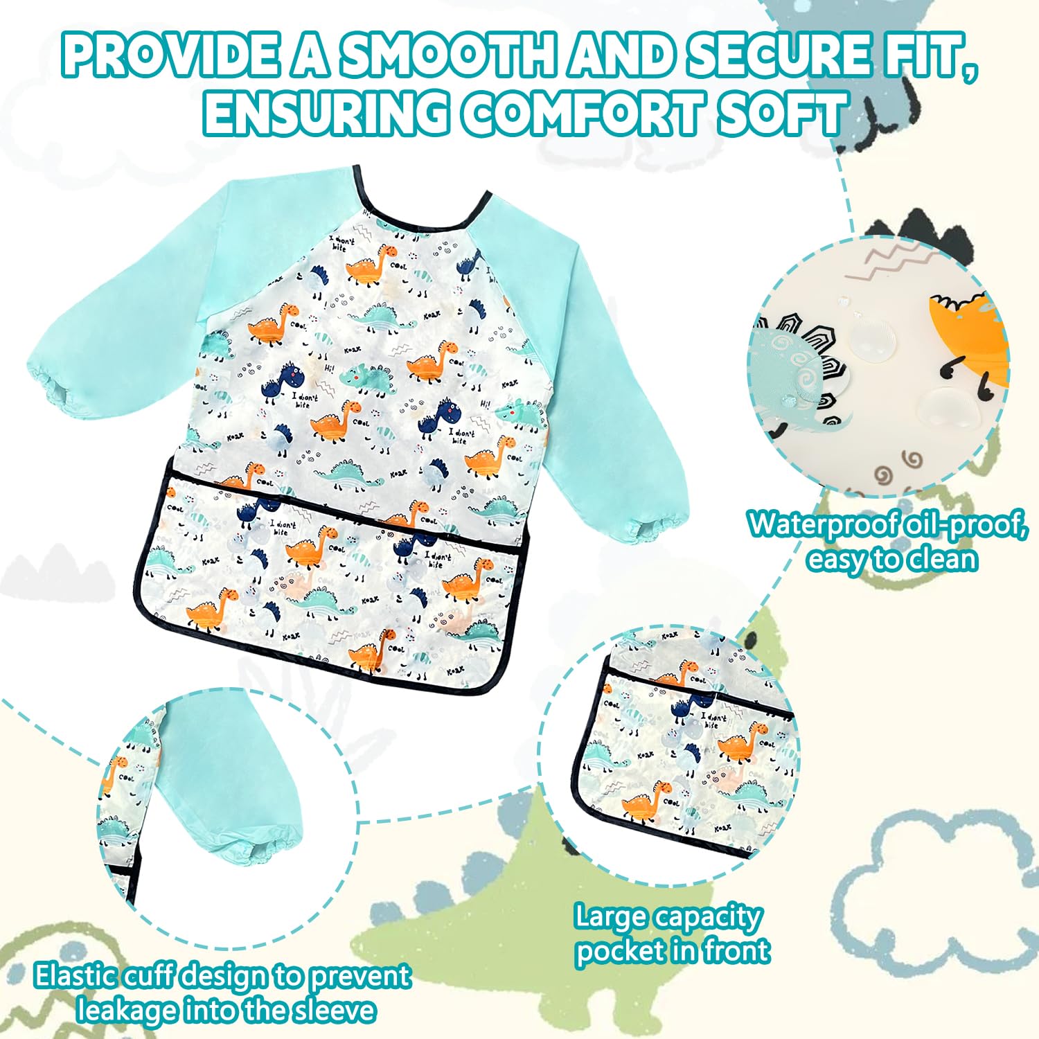 Kids Apron, Ages 3-8 Waterproof Children's Aprons Long Sleeve With Pocket for Painting Cooking, Eating, Arts & Crafts (Light Blue) - Image 4