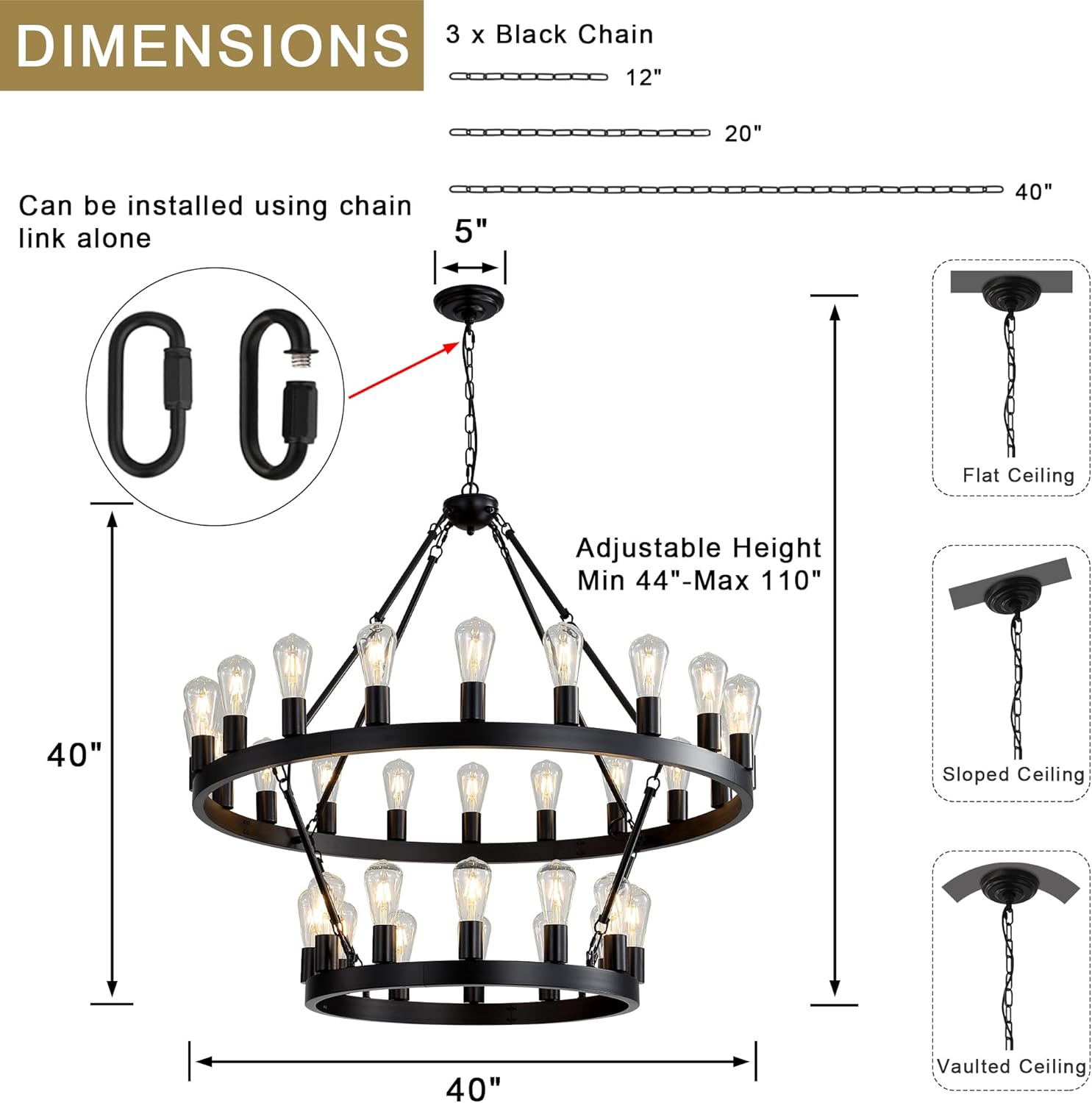 2-Tier Black Wagon Wheel Chandelier, 40" 32-Light Round Farmhouse Ceiling Hanging Pendant Light for Dining Room, Living Room, Kitchen Island, Foyer, Entryway