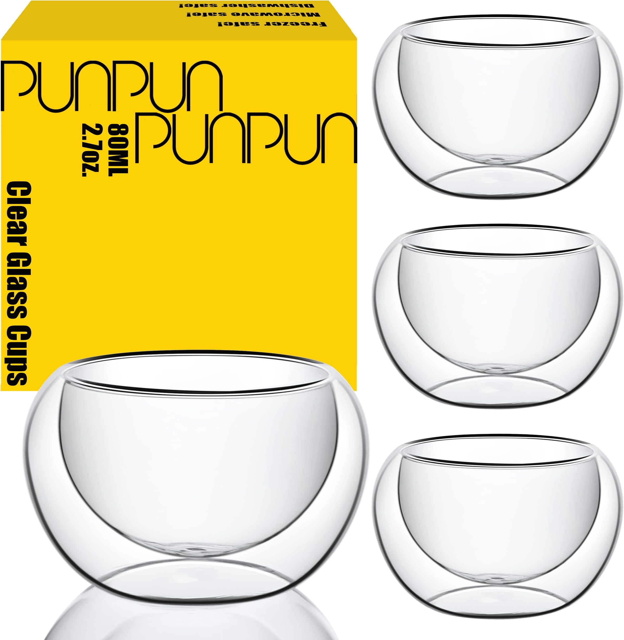 PunPun 2.7oz. 80ml Double Wall Borosilicate Glass Tea Cups Espresso Cups Heatproof Insulating Teacups glass Set of 4