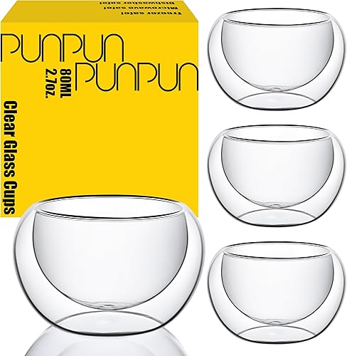 PunPun Juego de 4 tazas de té de vidrio de borosilicato de doble pared de 2.7 fl oz, tazas de espresso, aislantes al calor, tazas de té