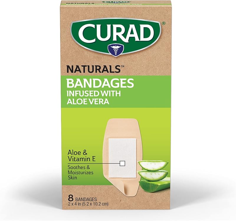 CURAD Naturals Vendas de aloe vera y vitamina E de 2 x 4 pulgadas, vendas estériles envueltas individualmente, kit de primeros auxilios esenciales, protege rasguños y cortes, absorbentes y autoadhesivos, caja de 8 unidades