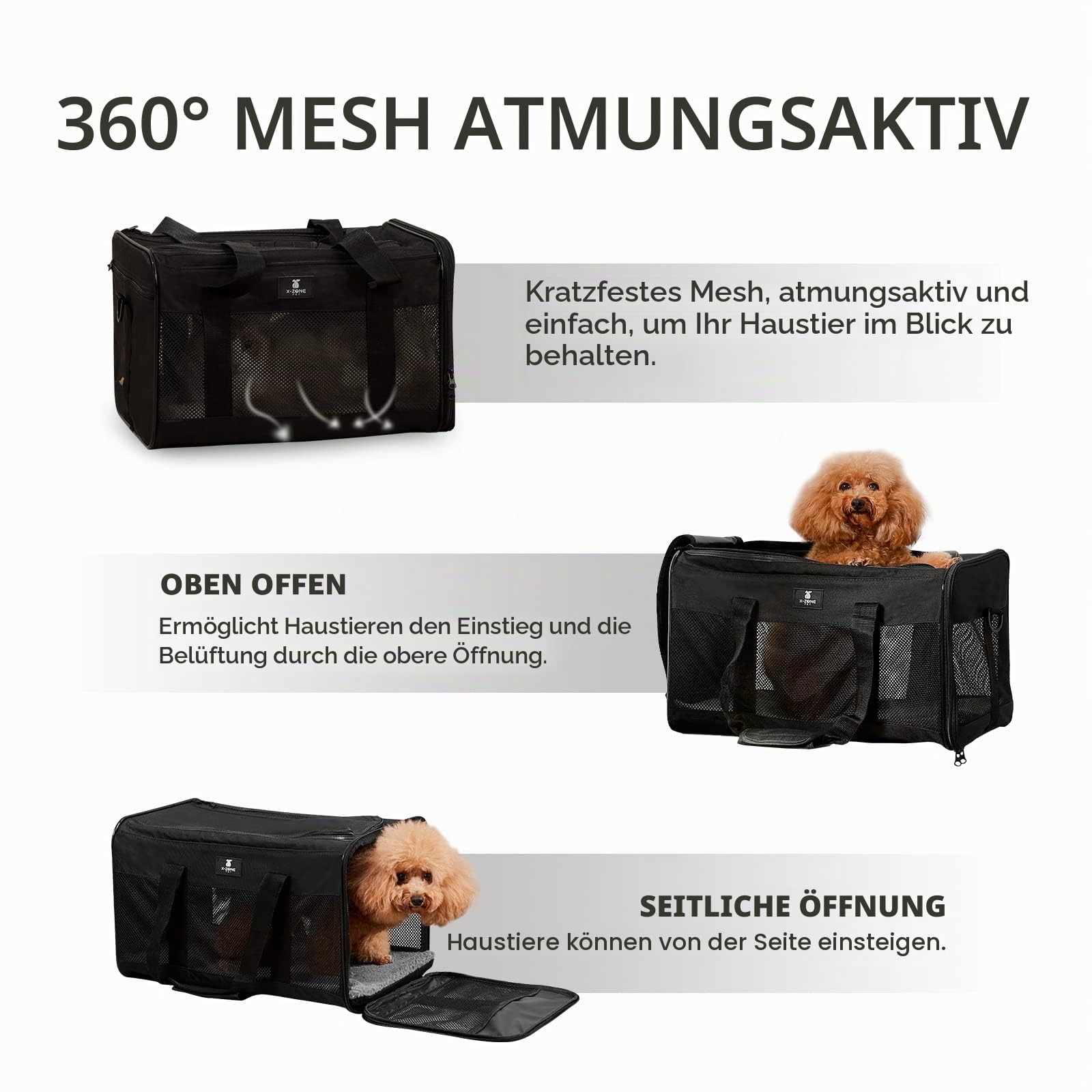 X-ZONE PET Airline-Zugelassener Weicher Haustier-Reiseträger für Hunde und Katzen, Mittelgroße und Kleine Katzen, Kleine Hunde, Tragbarer Transportkäfig (Groß, Schwarz)