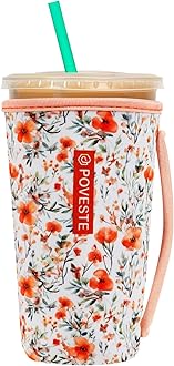 Reusable Neoprene Insulator Sleeve for Iced Coffee & Cold Soda, Coffee Sleeves for Iced & Hot Drinks, Cold Beverage Cooler Compatible with Starbucks, Dunkin (Flower Power, Large: 32oz)