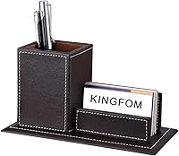 Vista 1 de KINGFOM Organizador de escritorio y accesorios de piel sintética, soporte para lápices para escritorio con soporte para tarjetas de visita, Marrón