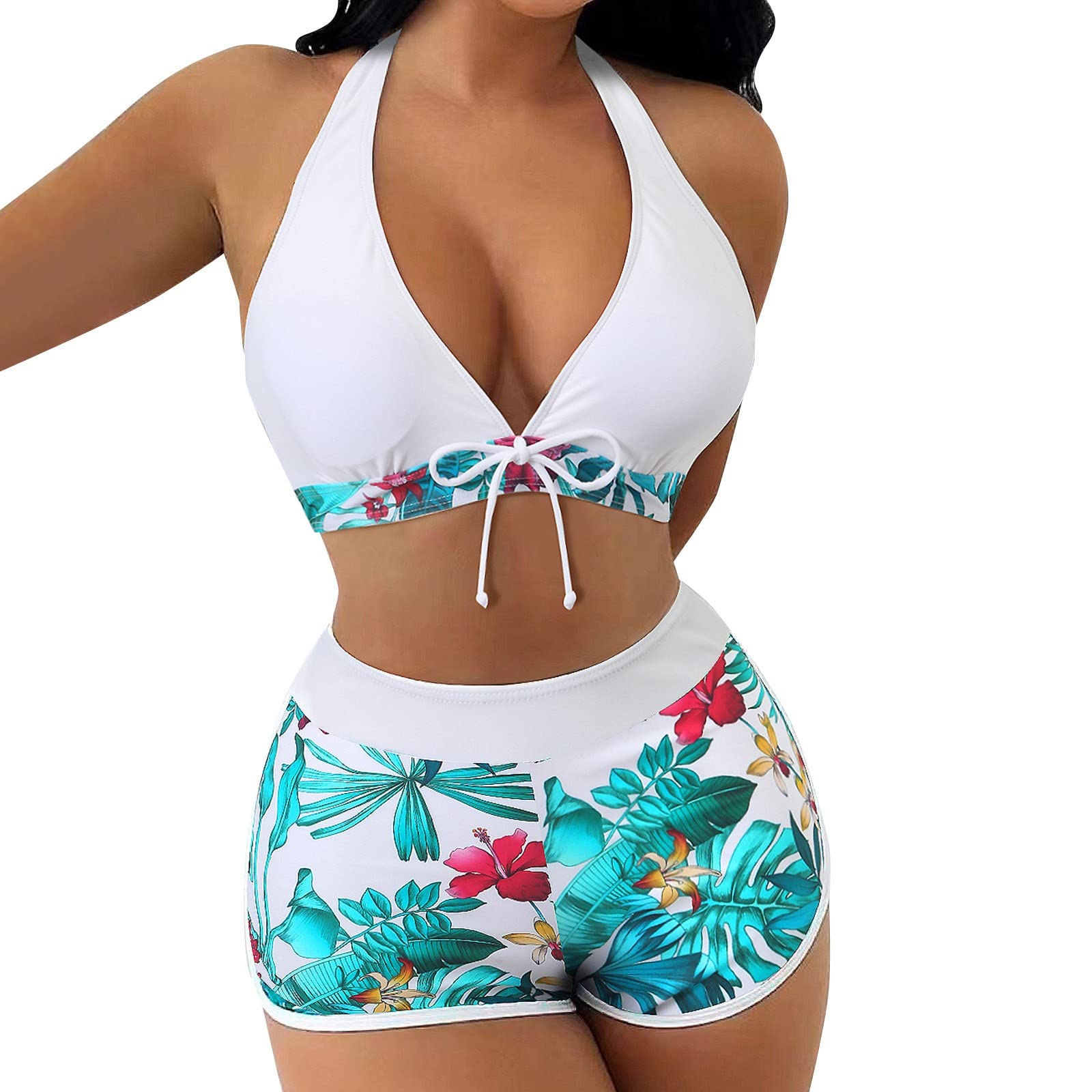 Genérico Bikini para Mujer Traje de Baño con Cintura Alta Pantalones Cortos Bañador de Dos Piezas Push Up Halter Sujetador Deportivo Tankini de Cuello en V Acanalado Conjunto de Bikini
