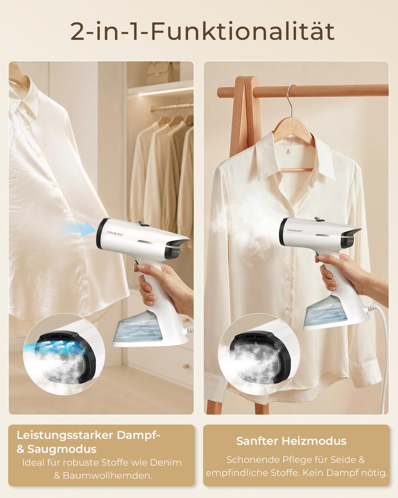 HOMEASY Dampfglätter mit Saugfunktion für Kleidung 6000Pa Vakuum Technologie 25s Schnellaufheizung 2 Dampfstufen 270ml Wassertank Handdampfglätter für Zuhause Reisen Hemden Anzüge