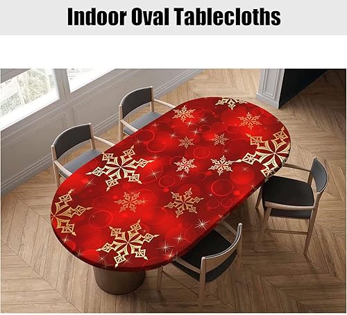 Miniatura 5 de RenteriaDecor Manteles ovalados de Navidad rojos, mantel ajustable elástico con estampado de copo de nieve dorado, fundas oblongas resistentes al