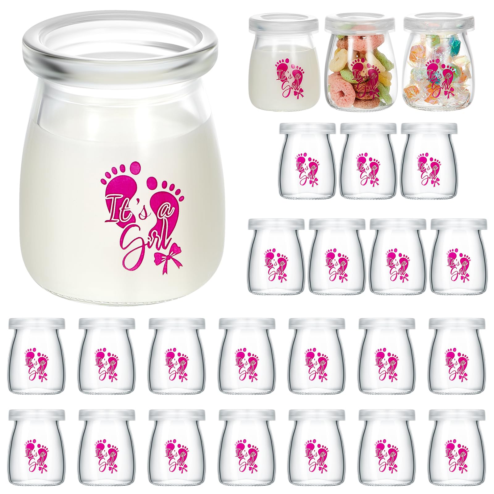 Tanlade 24 Pcs It's a Boy or Girl Milk Glass Bottles 3.4 oz Mini Glass Jars Clear Yogurt Jars with Plastic Lids Baby Shower Party Favors Baby Shower Decorations Centerpieces(It's A Girl)