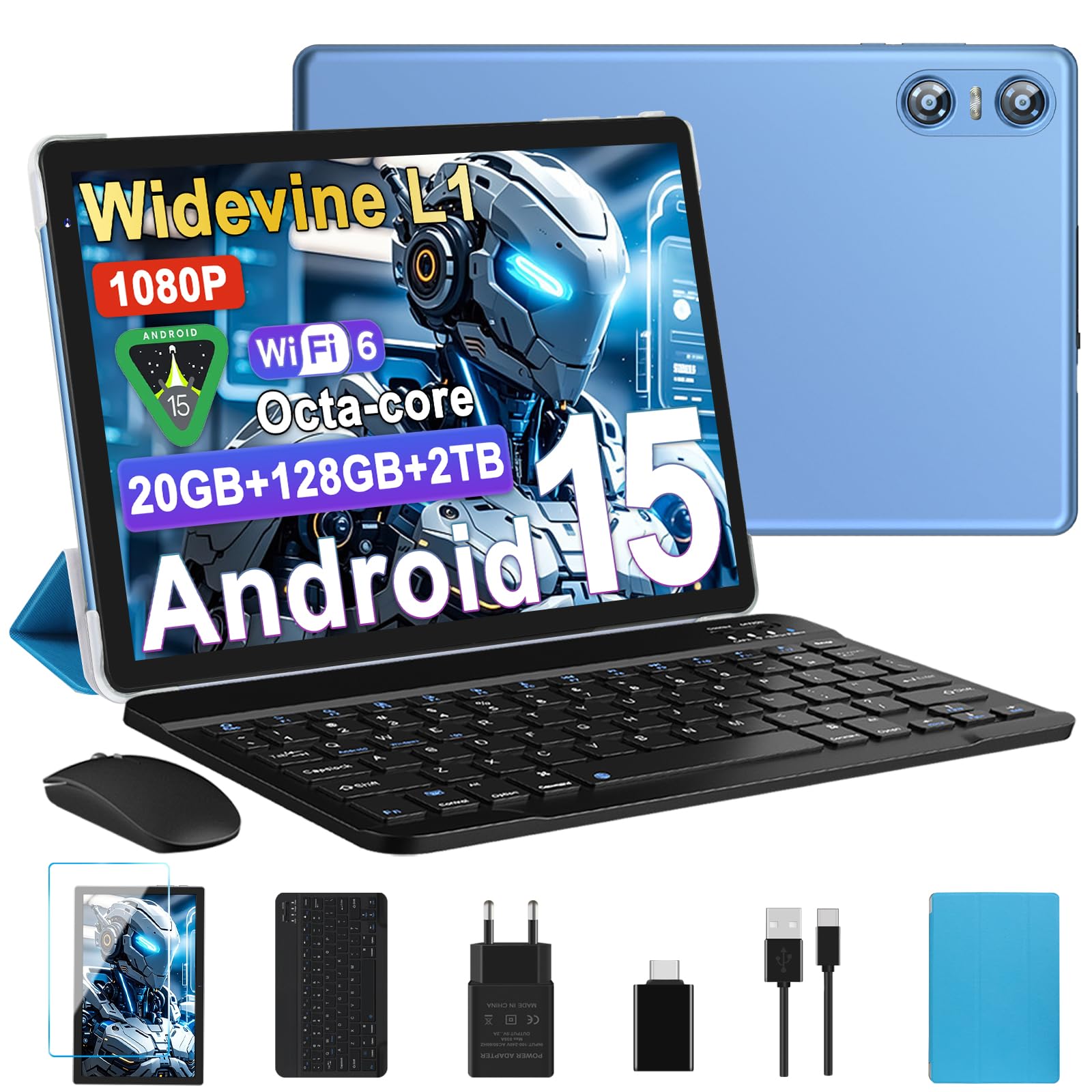 Biegedy Tablet 10 Pollici Android 15, Tablets 20GB RAM+128GB ROM (2TB TF), Octa-Core, Tablets 5G+2.4G WiFi 6, Widevine L1, GMS, Bluetooth 5.0, 6000mAh, 5+8MP, Tablet 2 in 1 Tastiera + Mouse - Blu