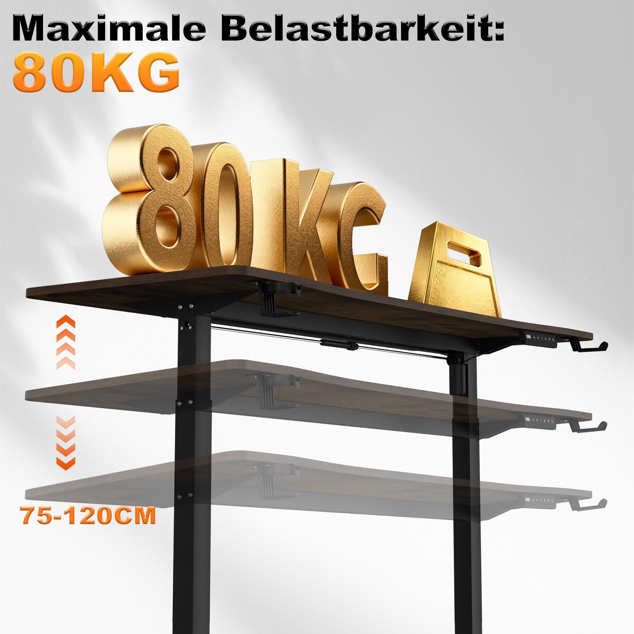 FIVMEN Höhenverstellbarer Schreibtisch 140x60 cm Elektrisch Computertisch Bürotisch mit Typ-C Ladeanschluss, Kopfhörerhake und Getränkehalter Elektrischer Steh-Sitz Tisch mit Memory-Funktion, Braun
